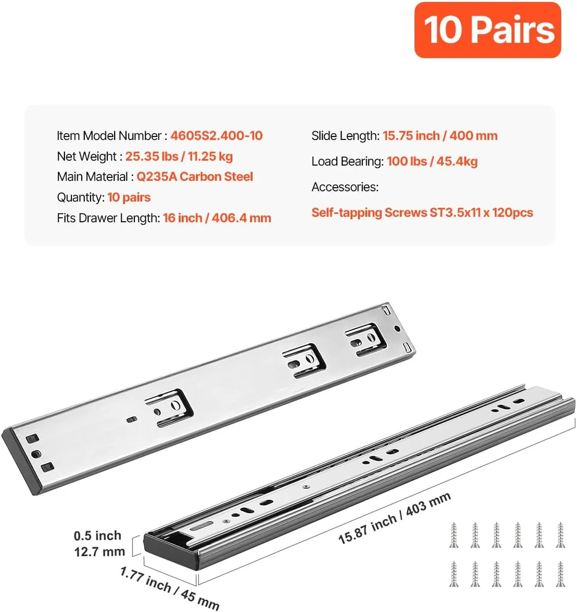 VEVOR 10 Pairs 16 Inch Soft Close Drawer Slides 14 16 18 20 22 24 Inch Heavy Duty Side Mount Rails,Ball Bearing Full Extension Noiseless Dresser Drawer Slides, 100 Lbs Load Capacity