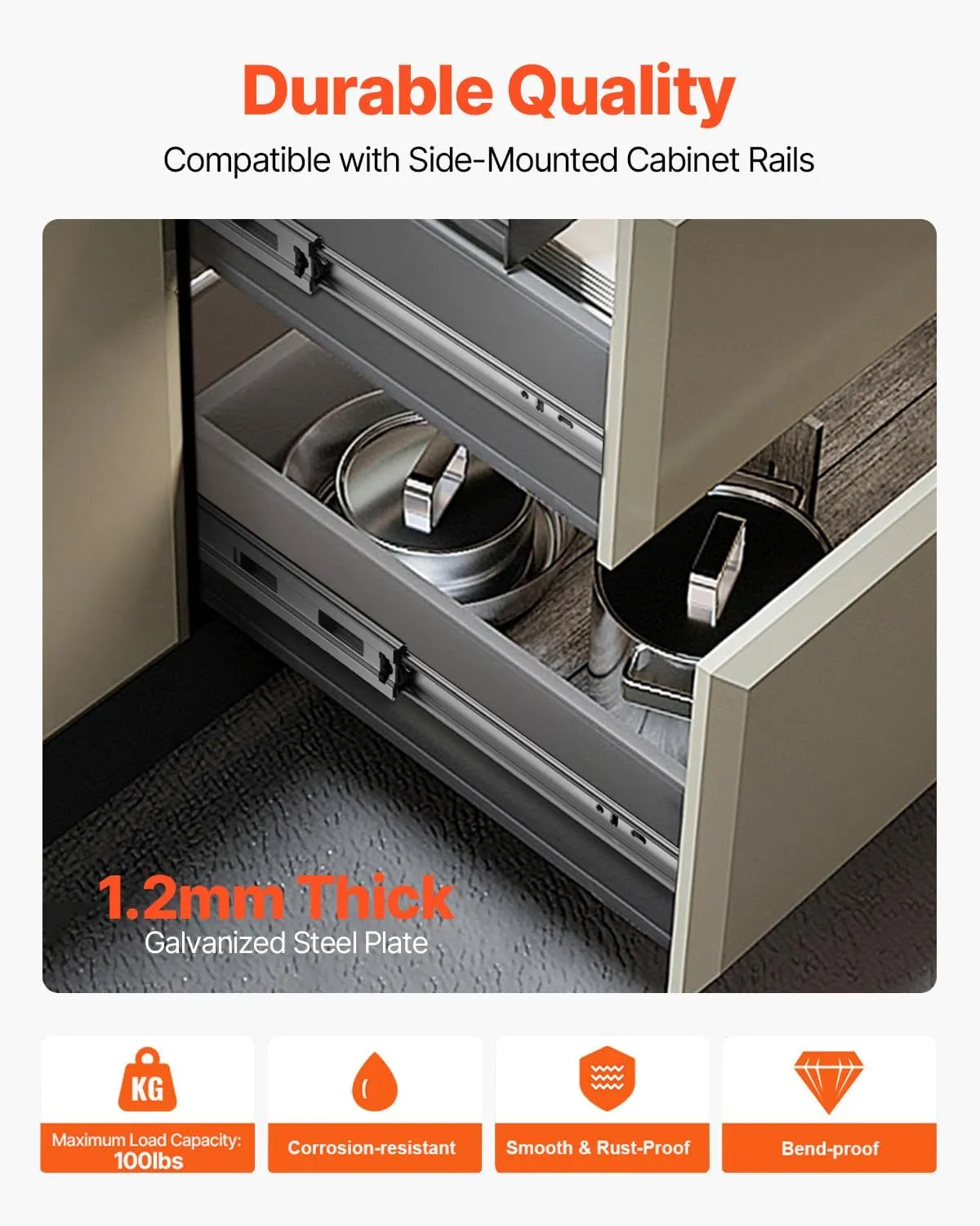 VEVOR 10 Pairs 16 Inch Soft Close Drawer Slides 14 16 18 20 22 24 Inch Heavy Duty Side Mount Rails,Ball Bearing Full Extension Noiseless Dresser Drawer Slides, 100 Lbs Load Capacity