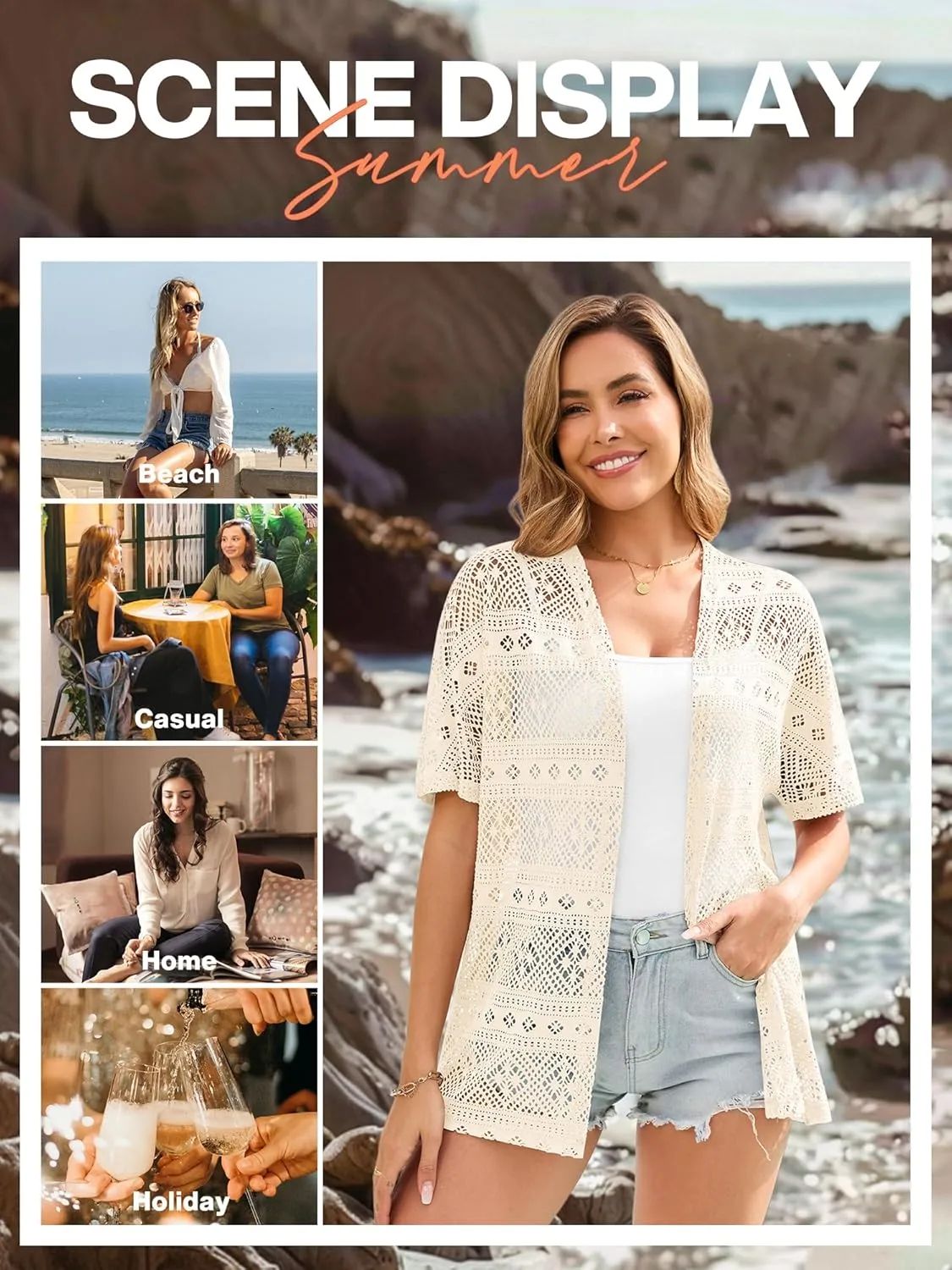 VIISHOW Women's Crochet Kimono Summer Lightweight Cardigan Open Front Hollow Out Beach Cover-Up