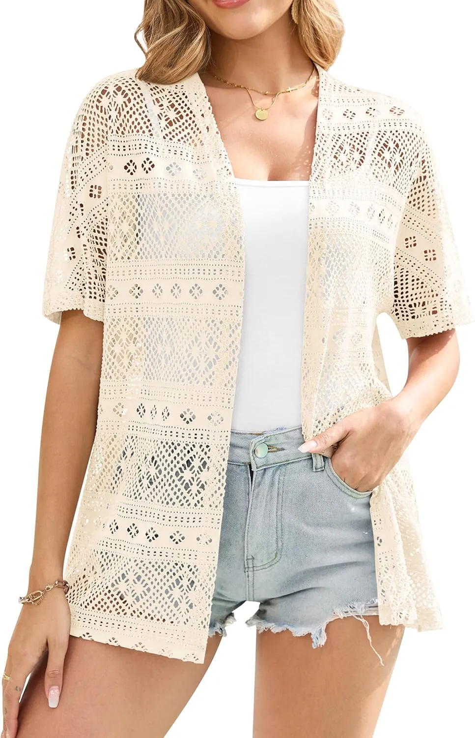 VIISHOW Women's Crochet Kimono Summer Lightweight Cardigan Open Front Hollow Out Beach Cover-Up
