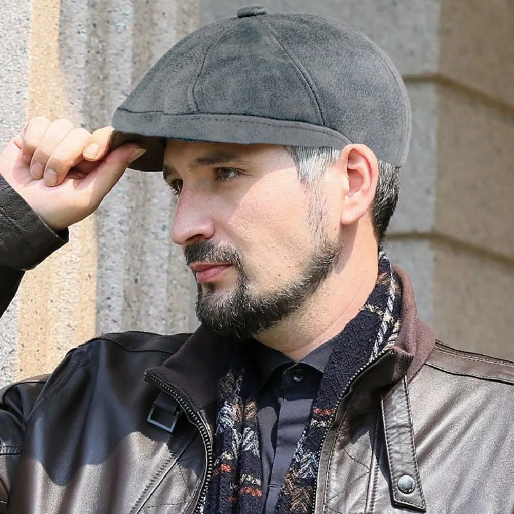 Vintage Newsboy Hat Leather Flat Cap Octagonal Hat Distressed Painter's hat