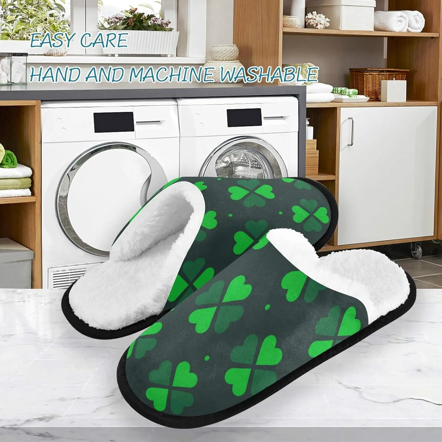 visesunny Women's Cozy Fuzzy Plush Fleece Slippers Green Clover Dot Print Soft Memory Foam Ladies House Shoes Warm Bedroom Flat Shoe Anti-Slip Indoor Outdoor