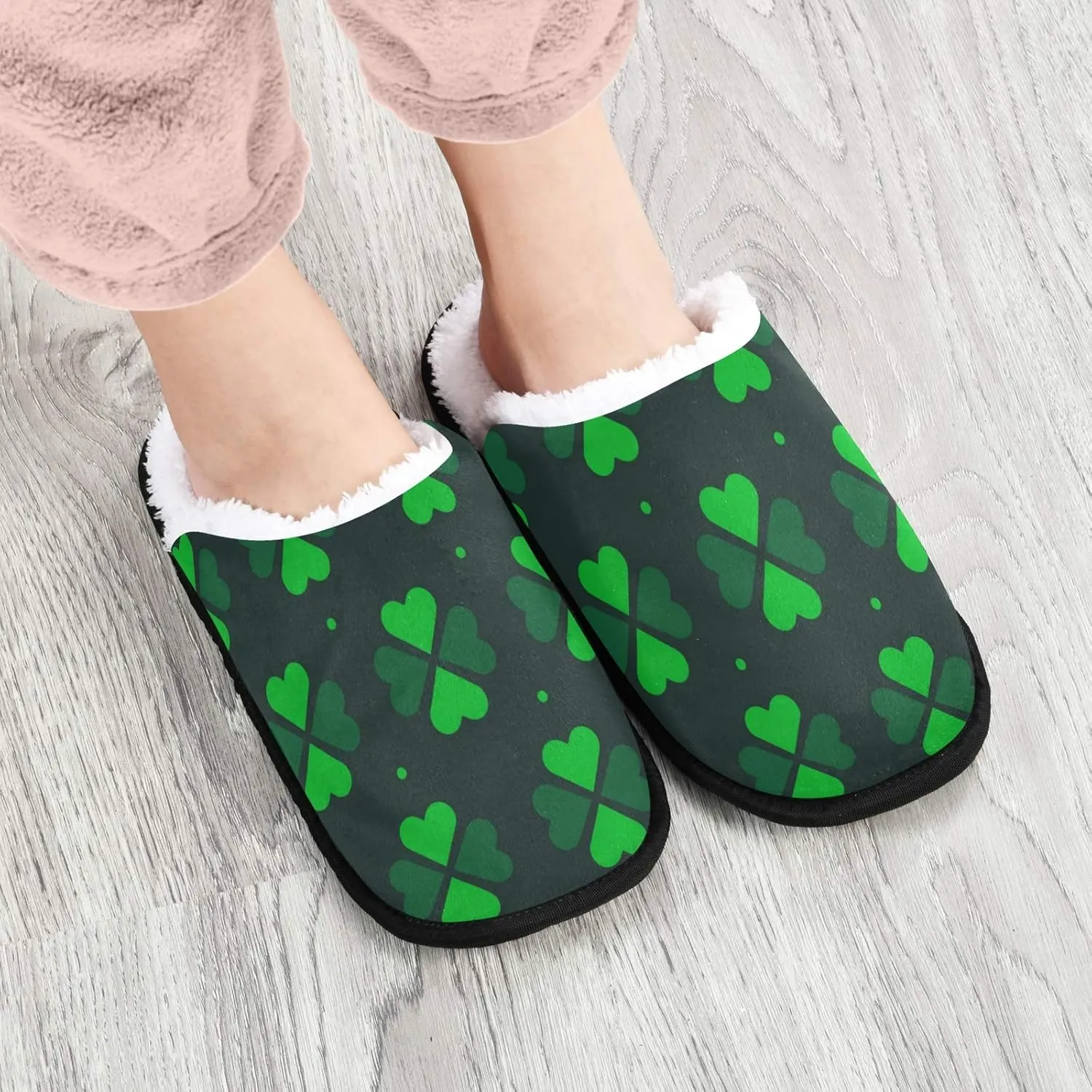 visesunny Women's Cozy Fuzzy Plush Fleece Slippers Green Clover Dot Print Soft Memory Foam Ladies House Shoes Warm Bedroom Flat Shoe Anti-Slip Indoor Outdoor