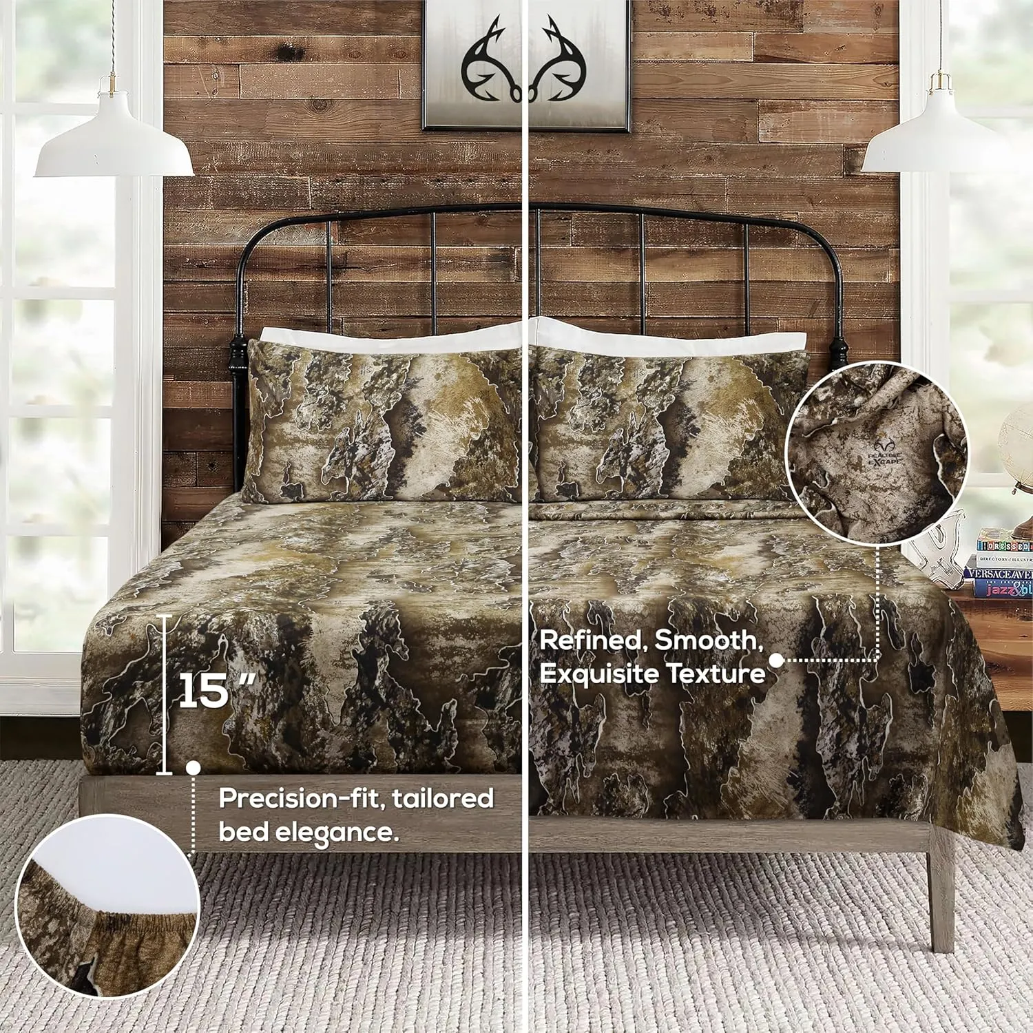 VISI-ONE RealTree Excape Queen Camo 4 Piece Sheet Set – Lightweight, Cooling, Wrinkle-Free Microfiber 15" Deep Pocket Sheets, Unisex Rustic Western Farmhouse Style Made to Complement all Living Spaces