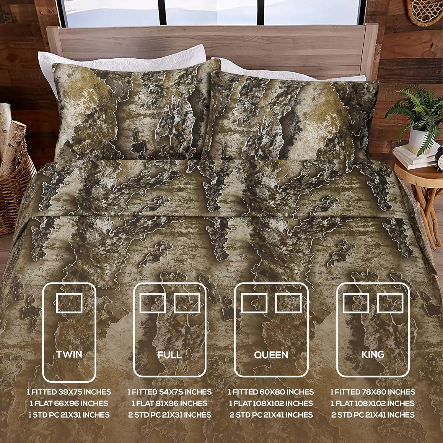 VISI-ONE RealTree Excape Queen Camo 4 Piece Sheet Set – Lightweight, Cooling, Wrinkle-Free Microfiber 15" Deep Pocket Sheets, Unisex Rustic Western Farmhouse Style Made to Complement all Living Spaces
