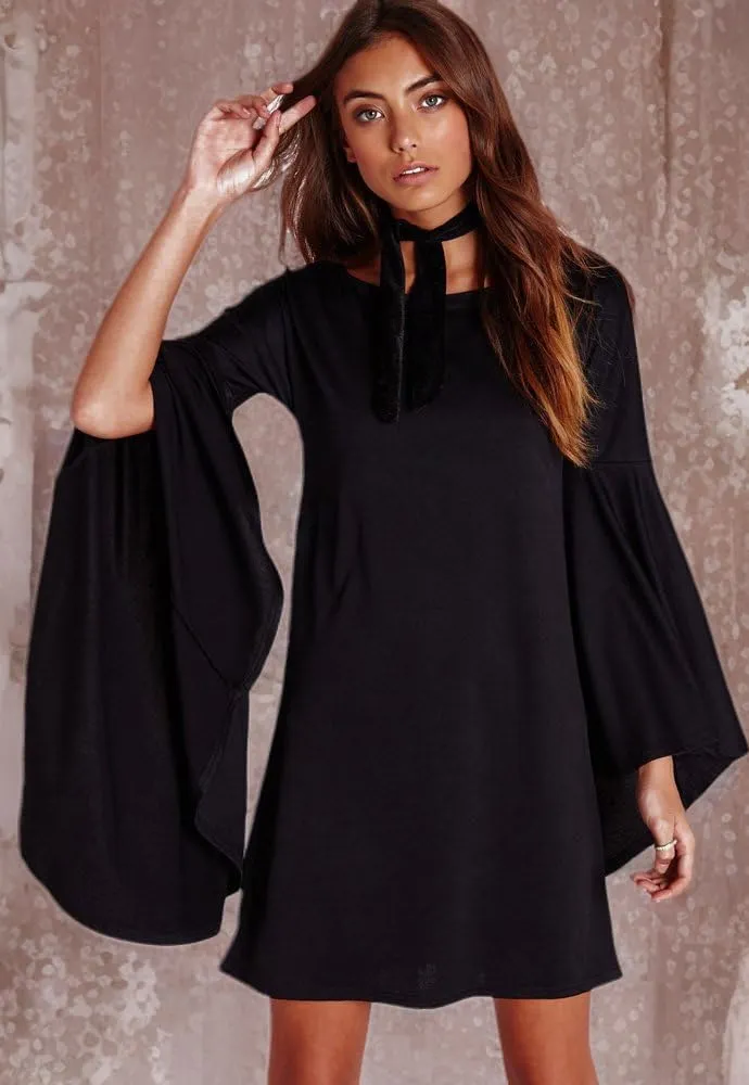 VIVICASLTE Women's USA Long Flare Bell Sleeve Blouse Mini Dress