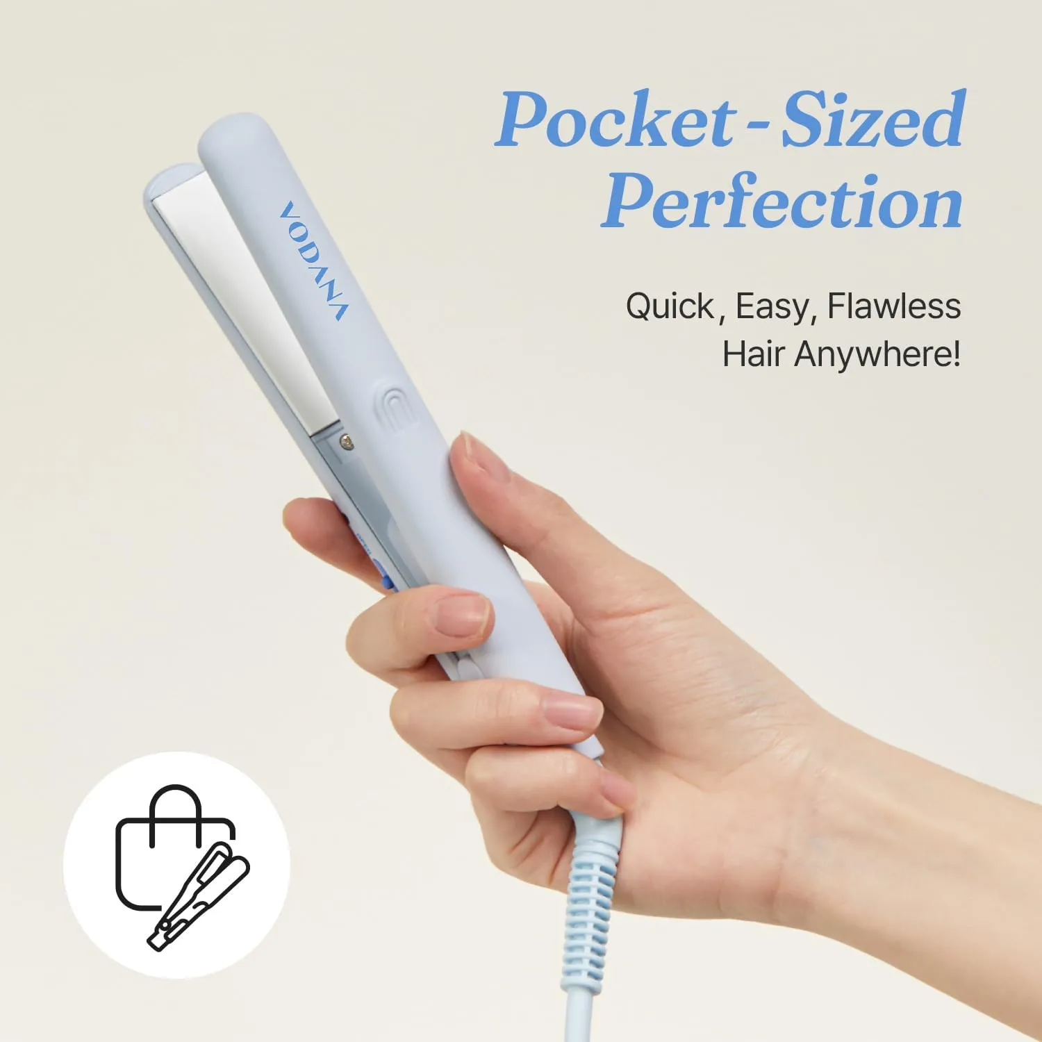 VODANA Pocket Mini Flat Iron, Travel Hair Straightening Iron, Pouch Included, Small Lightweight (Creamy Blue)