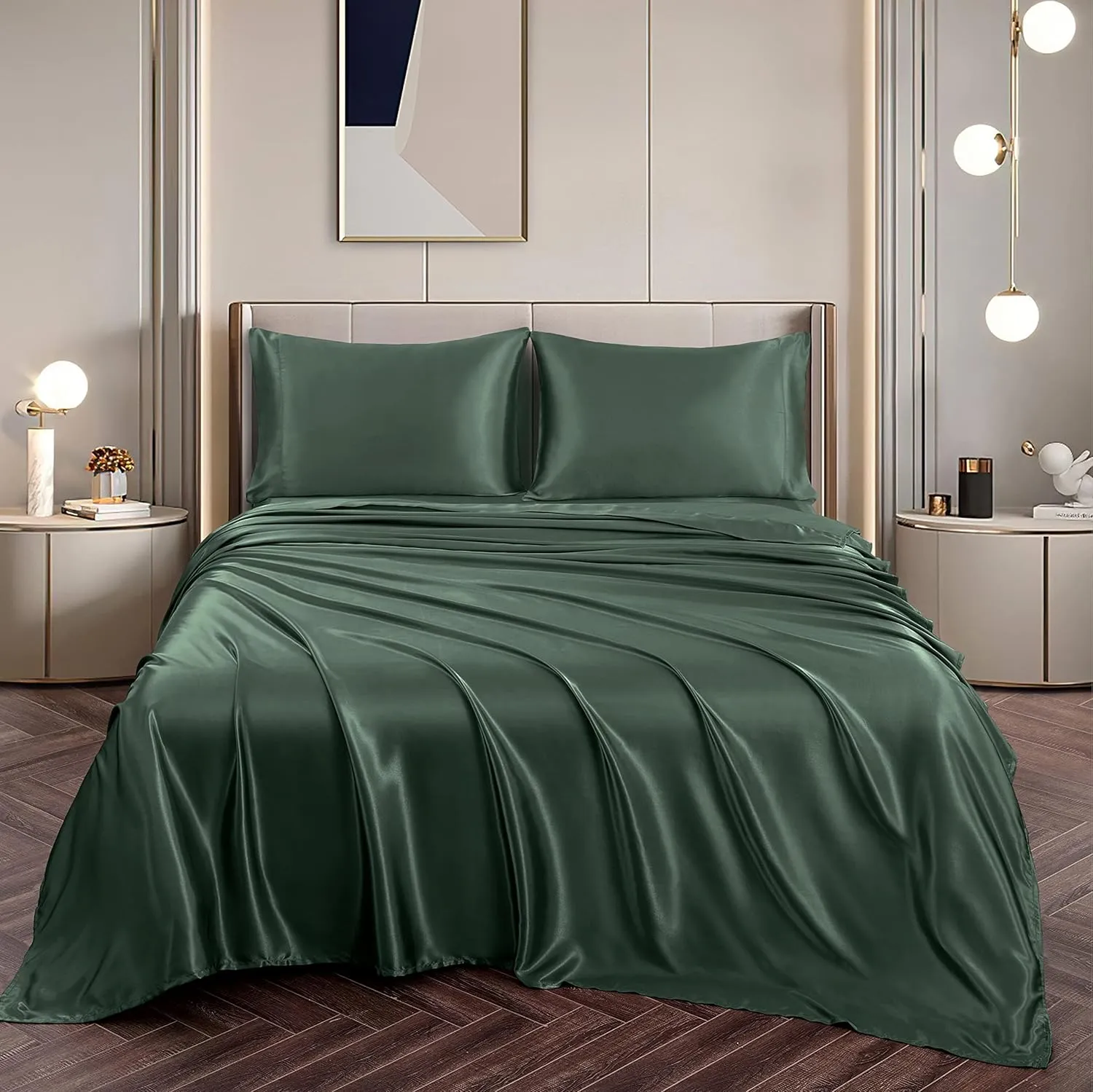 Vonty Satin Sheets Split King Silky Soft Satin Bed Sheets Forest Green Sheet Set, 2 Deep Pocket Fitted Sheet   1 Flat Sheet   2 Pillowcases