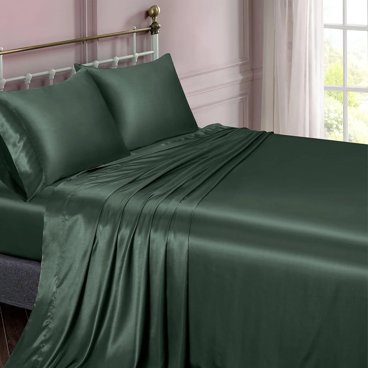 Vonty Satin Sheets Split King Silky Soft Satin Bed Sheets Forest Green Sheet Set, 2 Deep Pocket Fitted Sheet   1 Flat Sheet   2 Pillowcases