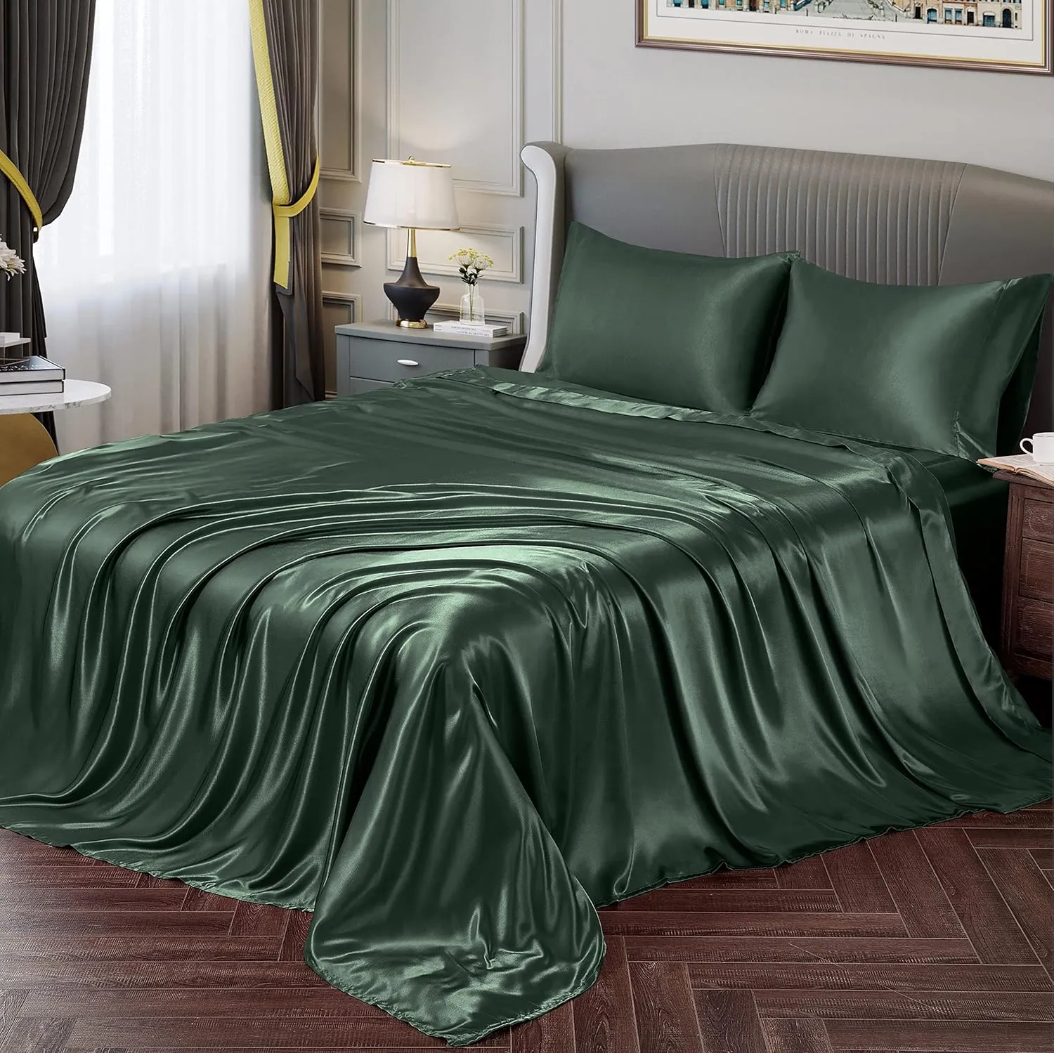 Vonty Satin Sheets Split King Silky Soft Satin Bed Sheets Forest Green Sheet Set, 2 Deep Pocket Fitted Sheet   1 Flat Sheet   2 Pillowcases