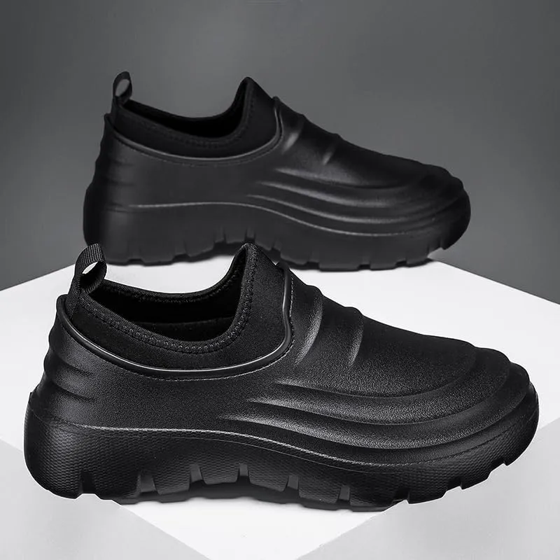 Waterproof Slip-On Garden Shoes, Black Platform Clogs, Lightweight Outdoor Work Shoes