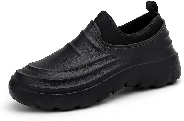 Waterproof Slip-On Garden Shoes, Black Platform Clogs, Lightweight Outdoor Work Shoes