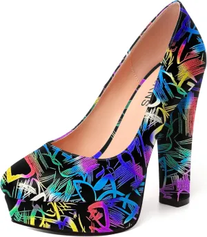 WAYDERNS Womens Round Toe Slip On Casual Platform Wedding Patent Block High Heel Pumps Shoes 5 Inch