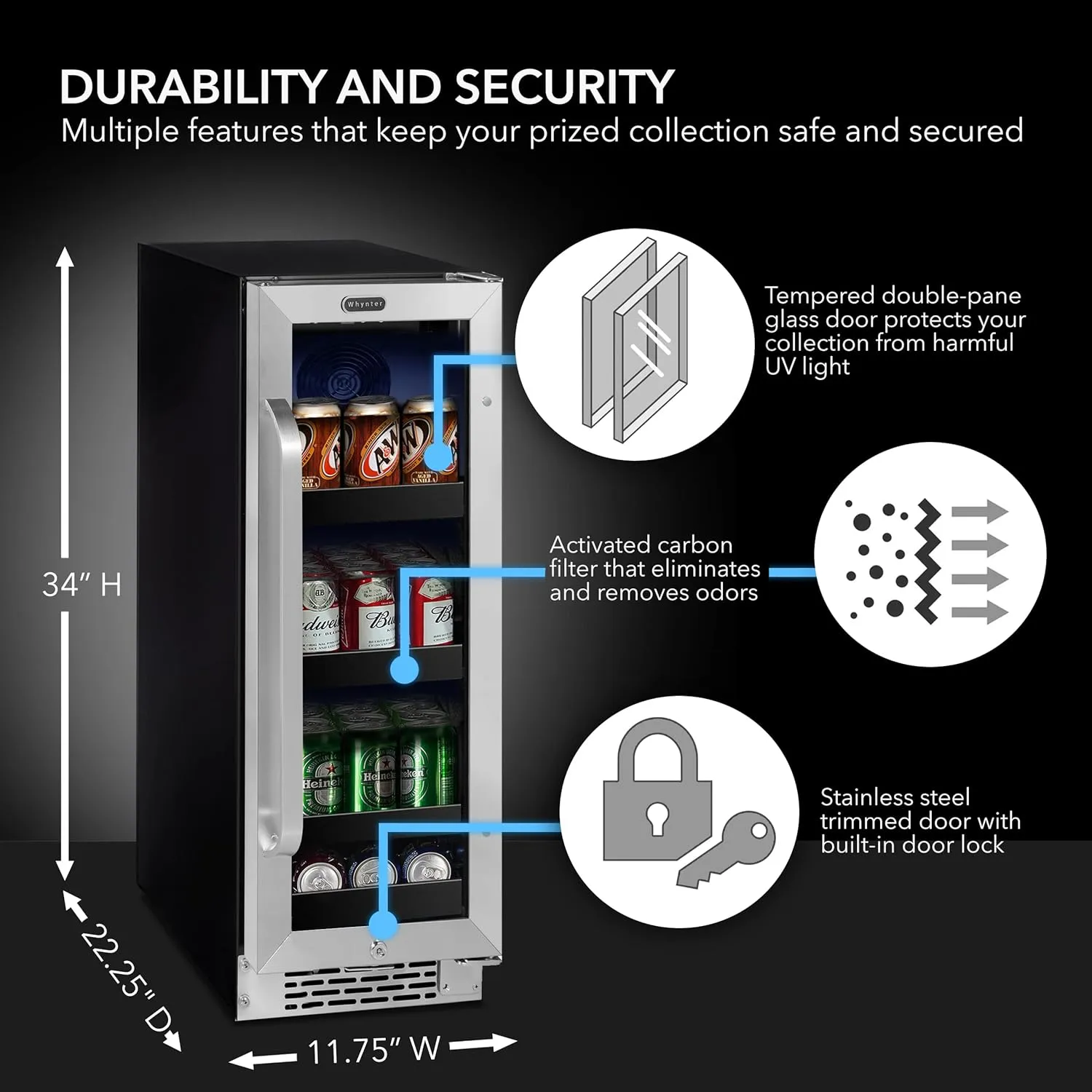 Whynter BBR-638SB Built-in Under Counter 12 inch Beverage Refrigerator and Cooler, Fridge with Glass Door, 2.0 Cubic Feet, Stainless, 75 Capacity, Can