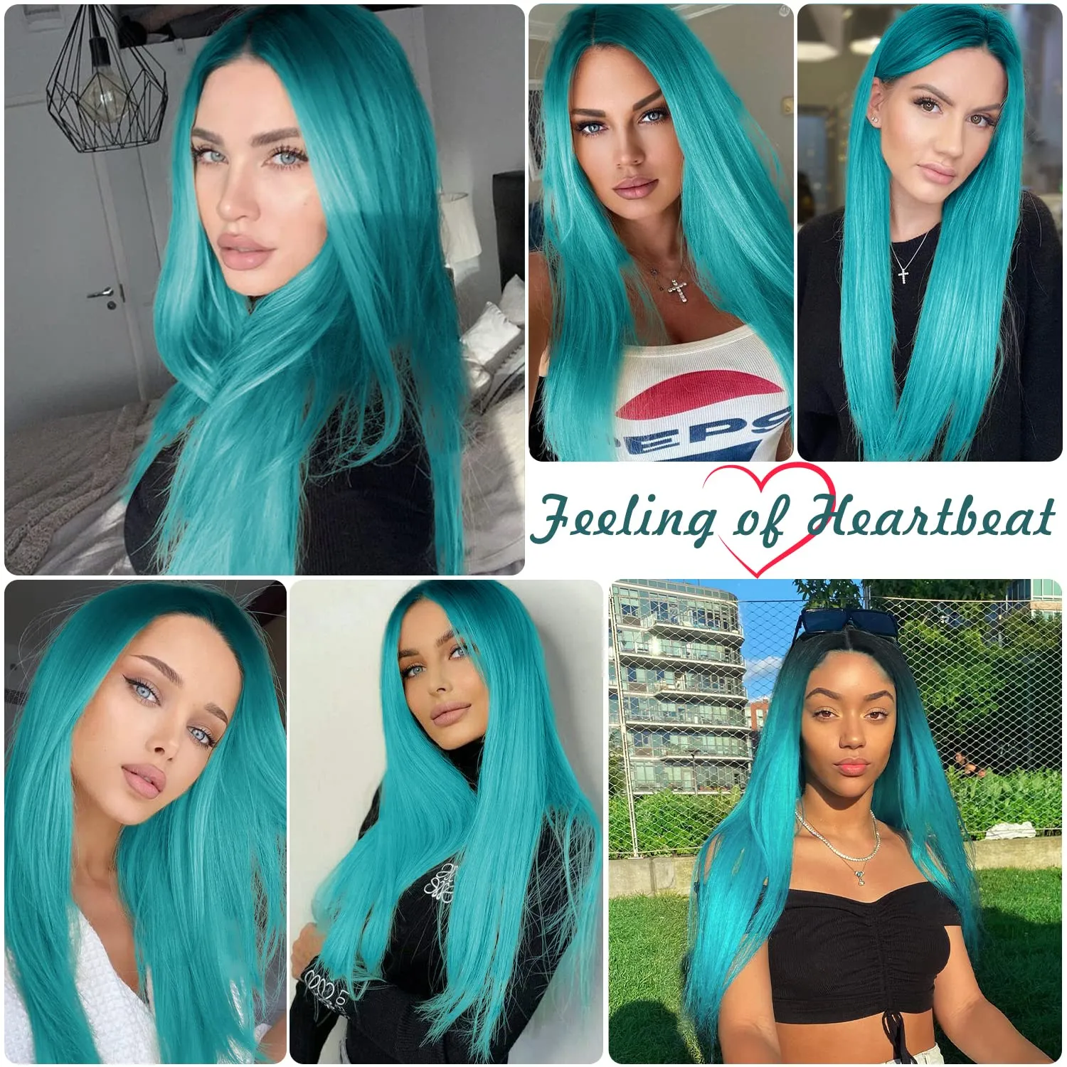 WIGER Straight Bluish Green Wig for Women Ombre Teal Blue Wigs Long Straight Turquoise Wig Hair Middle Part Heat Resistant Synthetic Blue Mermaid Wigs Cosplay Party Costume Wig