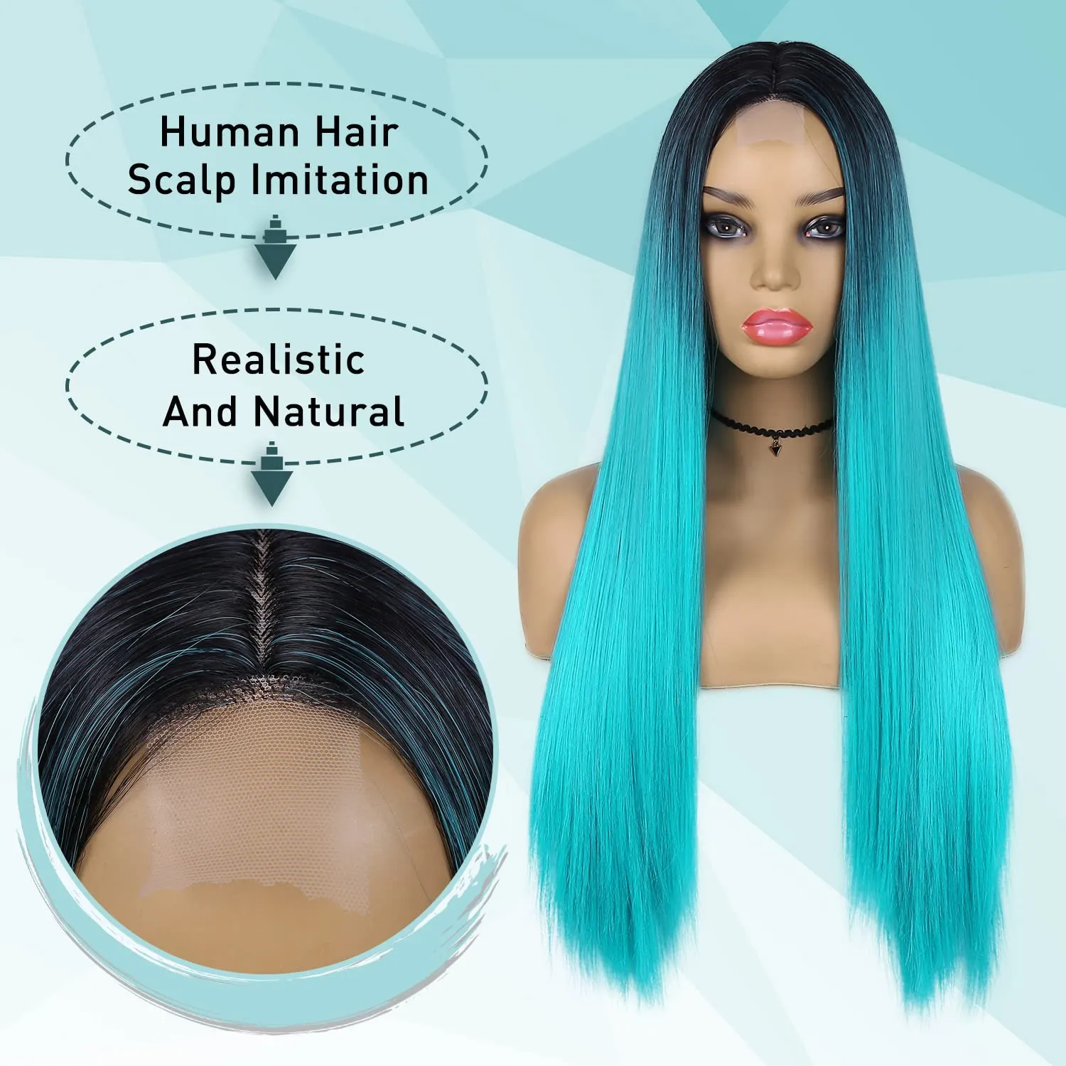 WIGER Straight Bluish Green Wig for Women Ombre Teal Blue Wigs Long Straight Turquoise Wig Hair Middle Part Heat Resistant Synthetic Blue Mermaid Wigs Cosplay Party Costume Wig