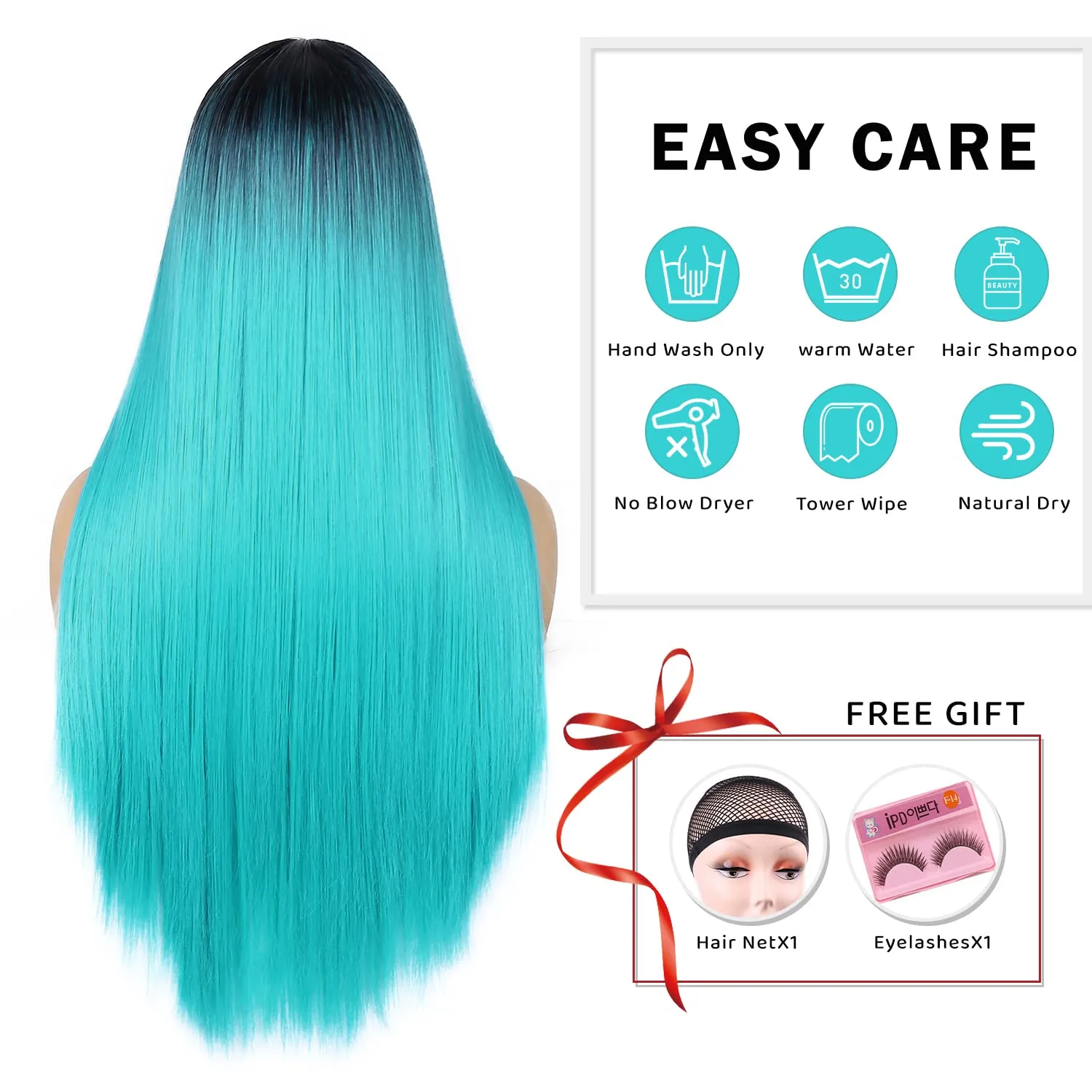 WIGER Straight Bluish Green Wig for Women Ombre Teal Blue Wigs Long Straight Turquoise Wig Hair Middle Part Heat Resistant Synthetic Blue Mermaid Wigs Cosplay Party Costume Wig