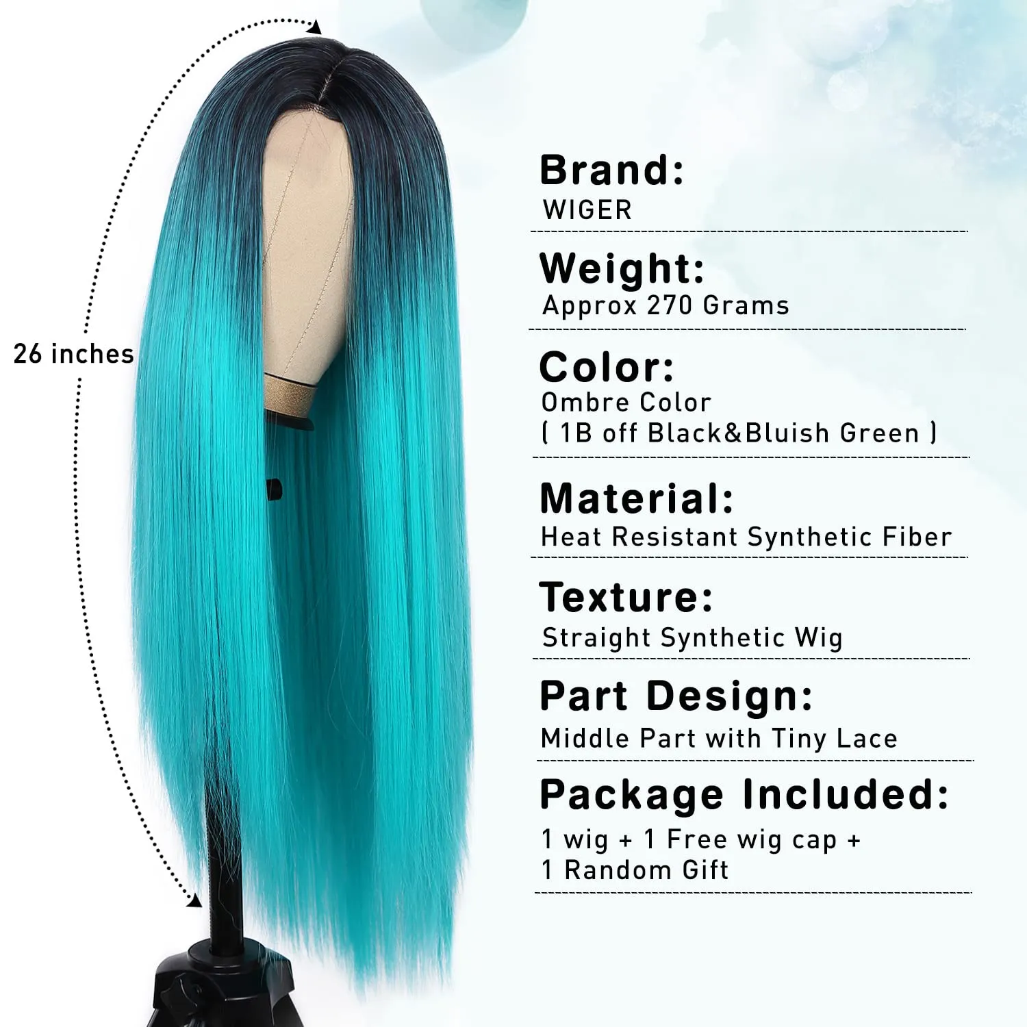 WIGER Straight Bluish Green Wig for Women Ombre Teal Blue Wigs Long Straight Turquoise Wig Hair Middle Part Heat Resistant Synthetic Blue Mermaid Wigs Cosplay Party Costume Wig