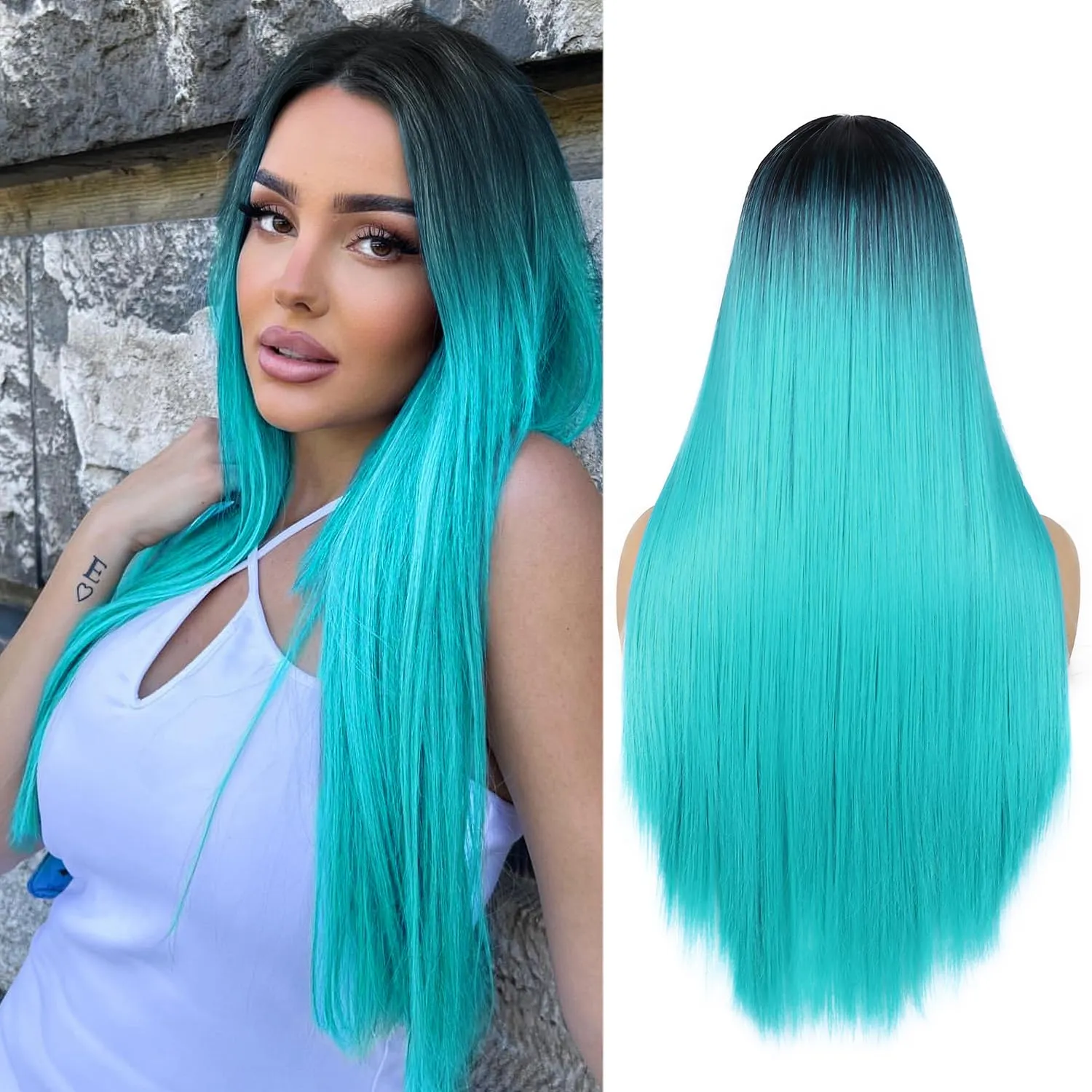 WIGER Straight Bluish Green Wig for Women Ombre Teal Blue Wigs Long Straight Turquoise Wig Hair Middle Part Heat Resistant Synthetic Blue Mermaid Wigs Cosplay Party Costume Wig