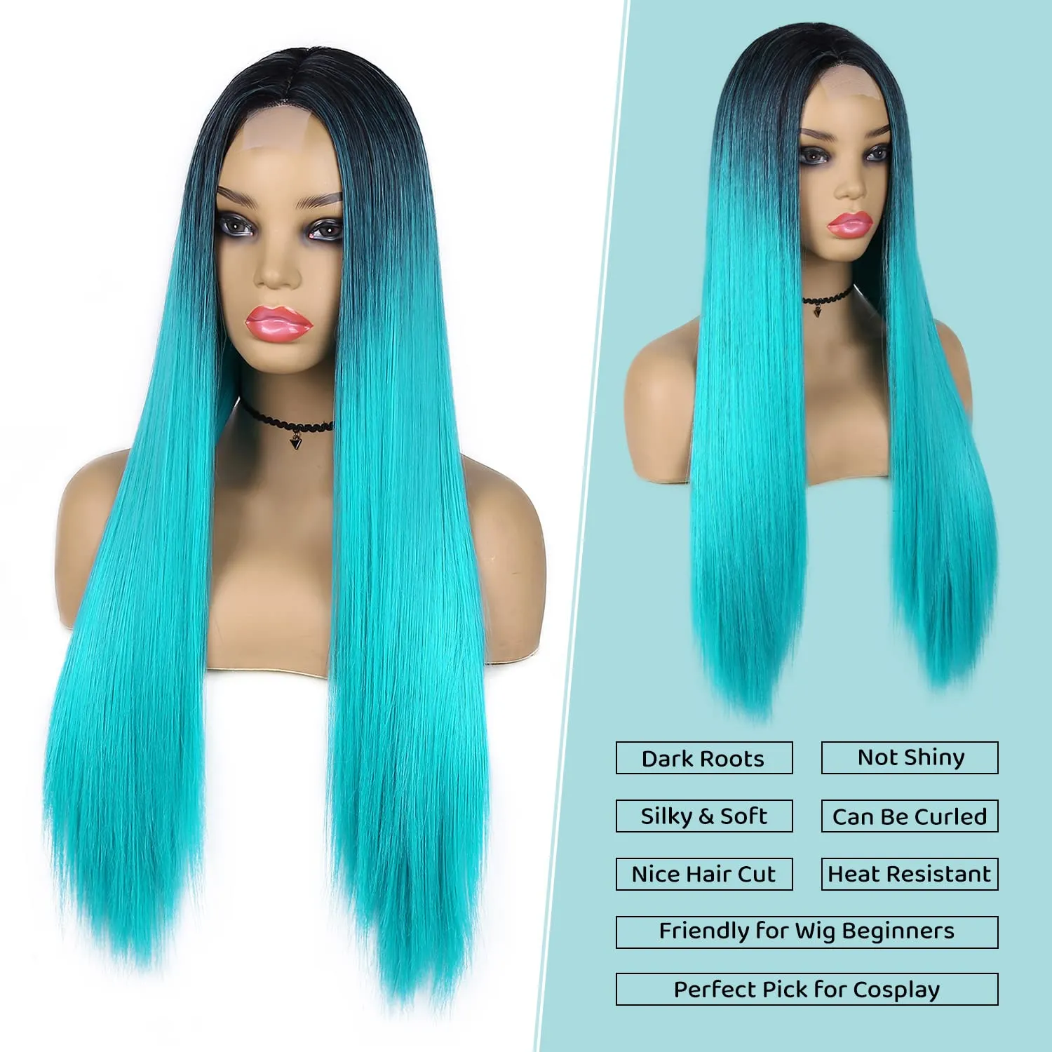 WIGER Straight Bluish Green Wig for Women Ombre Teal Blue Wigs Long Straight Turquoise Wig Hair Middle Part Heat Resistant Synthetic Blue Mermaid Wigs Cosplay Party Costume Wig