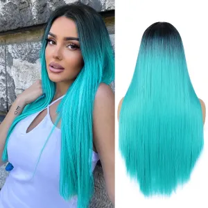 WIGER Straight Bluish Green Wig for Women Ombre Teal Blue Wigs Long Straight Turquoise Wig Hair Middle Part Heat Resistant Synthetic Blue Mermaid Wigs Cosplay Party Costume Wig