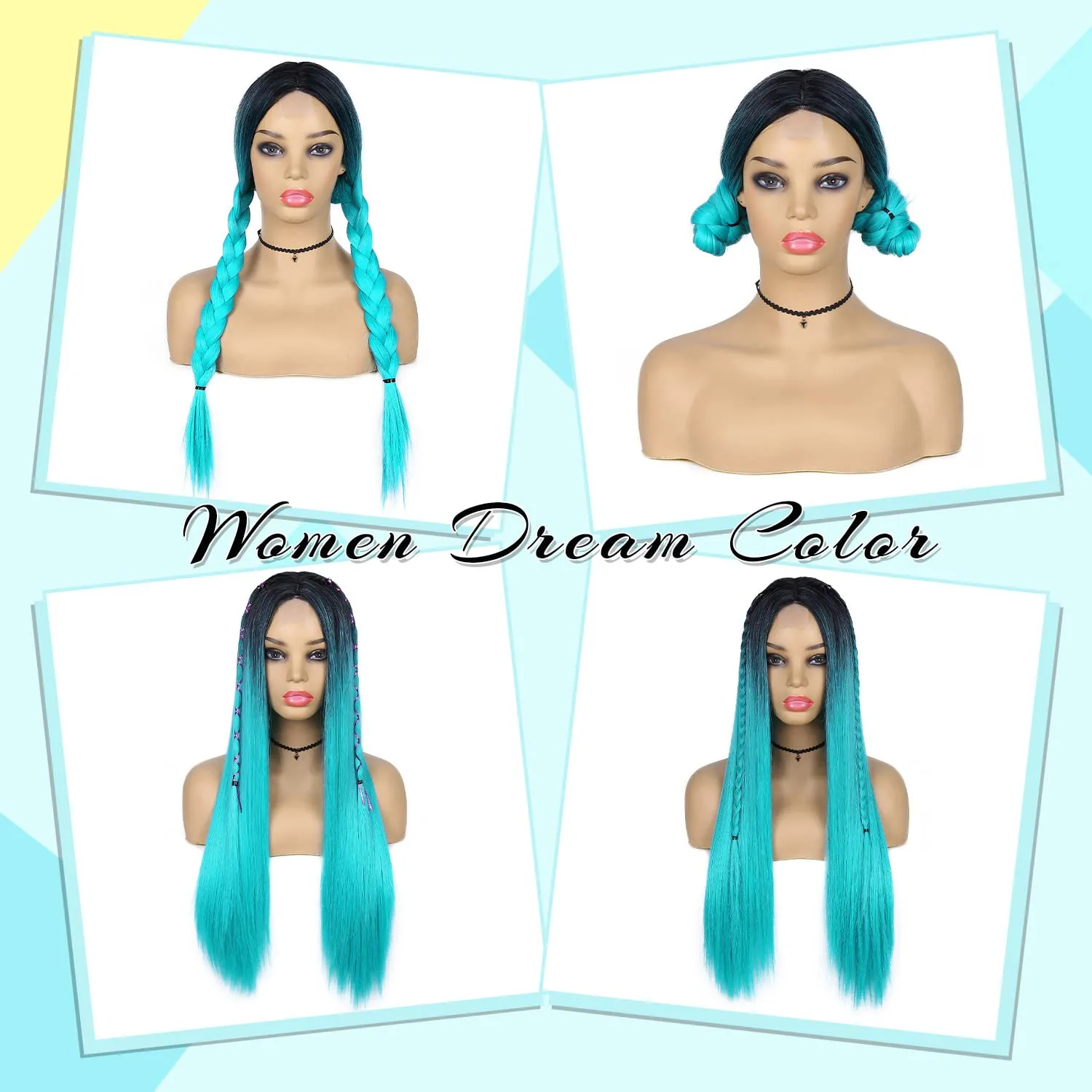 WIGER Straight Bluish Green Wig for Women Ombre Teal Blue Wigs Long Straight Turquoise Wig Hair Middle Part Heat Resistant Synthetic Blue Mermaid Wigs Cosplay Party Costume Wig