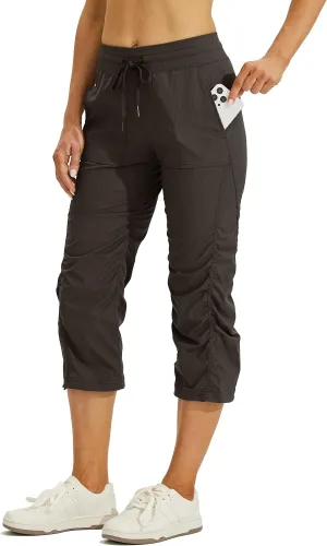 Willit Women's Quick-Dry Capris Hiking Travel Pants Striped Woven Workout Pants with Pockets Lightweight