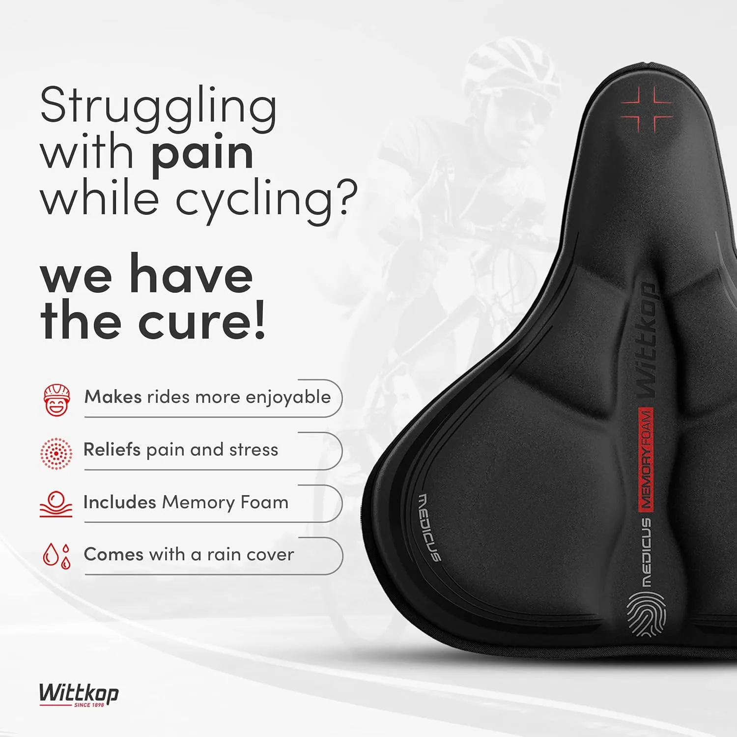 WITTKOP Bike Seat Cushion Made of Comfy Memory Foam I Bike seat Cover for Men & Women with Ergonomic 3-Zone-Concept I Bike Saddle Cover, for peleton seat cushin, Bicycle seat Cushion