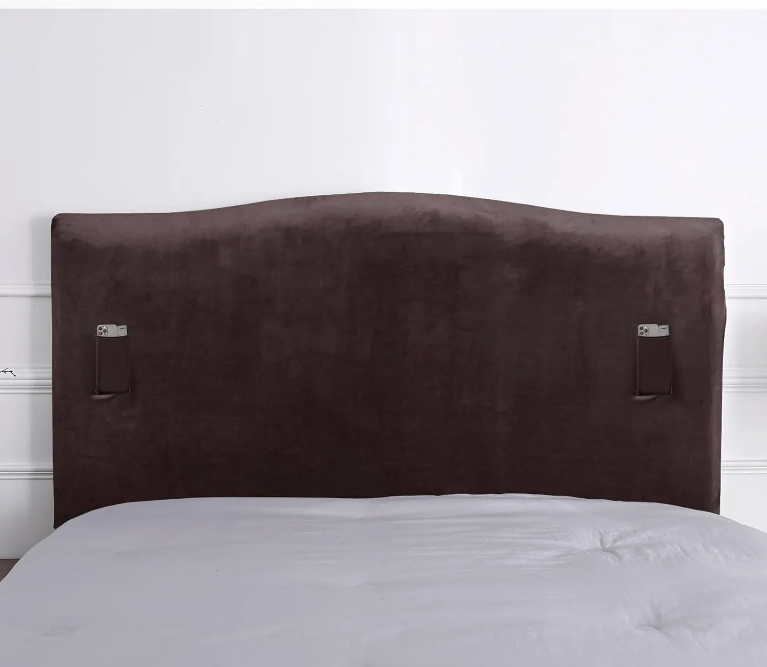 WOMACO Headboard Cover for Twin Full, Stretch Velvet Head Board Slipcover with Storage Pockets, Dustproof Bed Head Cover for Upholstered Headboard (Length (35" - 50"), Coffee)