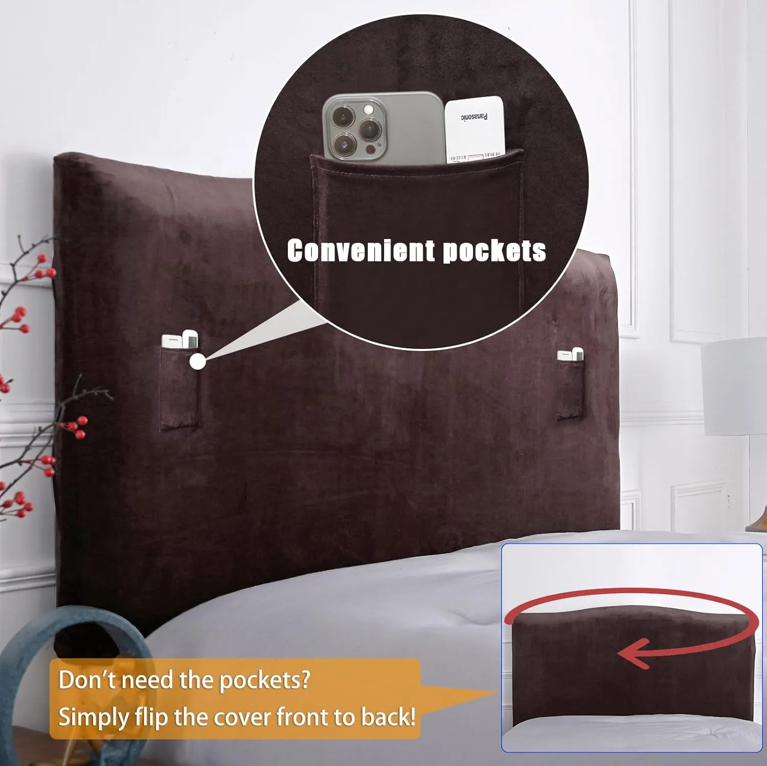 WOMACO Headboard Cover for Twin Full, Stretch Velvet Head Board Slipcover with Storage Pockets, Dustproof Bed Head Cover for Upholstered Headboard (Length (35" - 50"), Coffee)