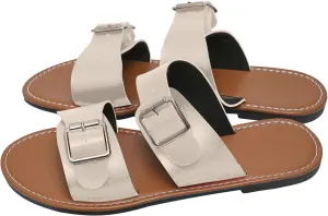 Women Beach Slides Summer Outdoor Sandals with Adjustable Buckle, Comfortable Flat Slide Slippers Casual Sandal