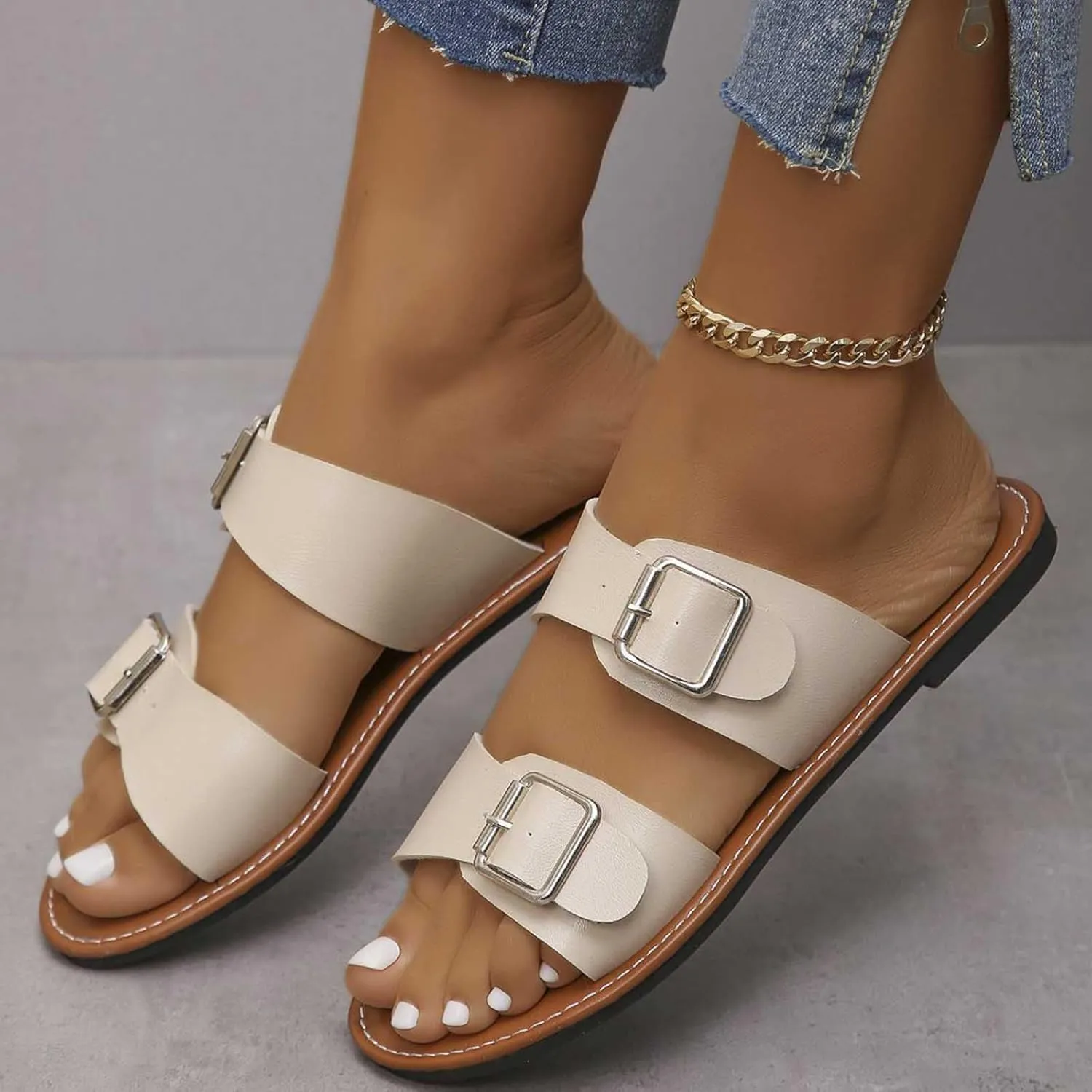 Women Beach Slides Summer Outdoor Sandals with Adjustable Buckle, Comfortable Flat Slide Slippers Casual Sandal