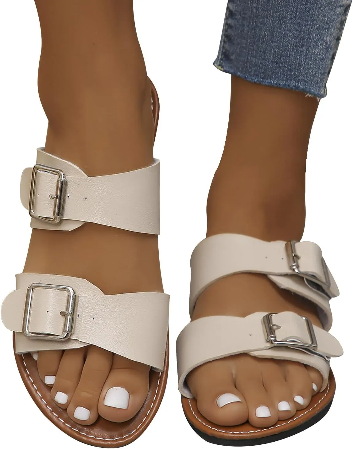 Women Beach Slides Summer Outdoor Sandals with Adjustable Buckle, Comfortable Flat Slide Slippers Casual Sandal