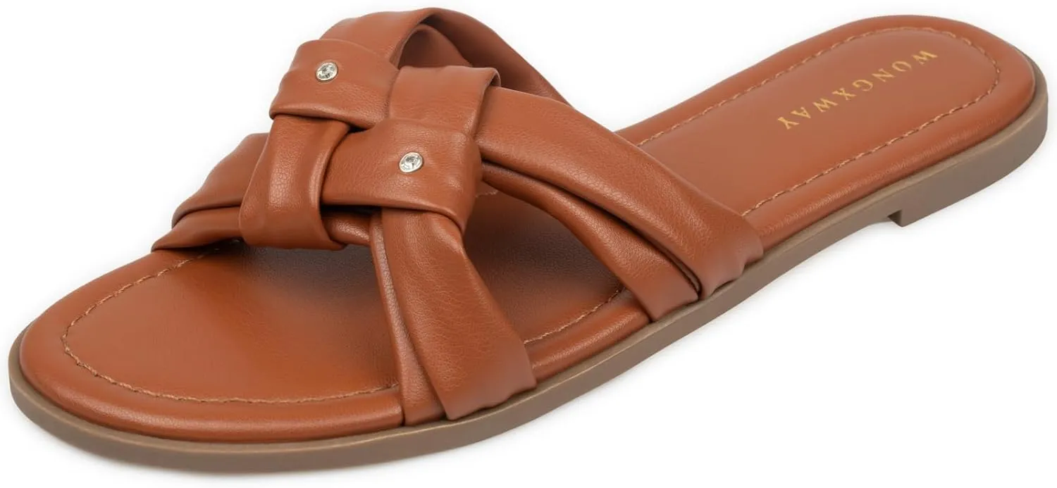 Women Dressy Sandals Strappy Knotted Slide Sandals Cute Comfy Open Toe Slip On Sandals