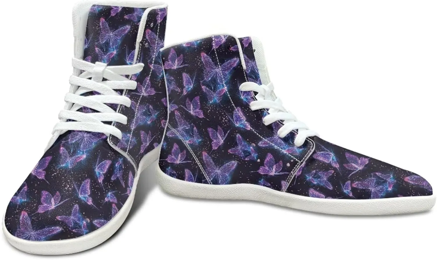 Women Hightop Sneakers Butterfly Print Leather Minimalist Barefoot Shoes Womens Wide Toe Walking Shoes Zero Drop Sneaker