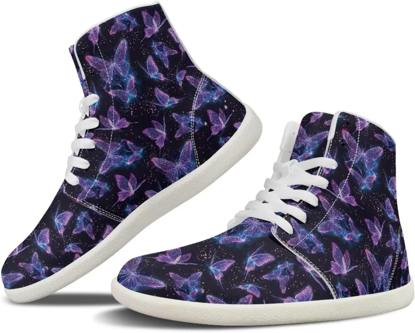 Women Hightop Sneakers Butterfly Print Leather Minimalist Barefoot Shoes Womens Wide Toe Walking Shoes Zero Drop Sneaker