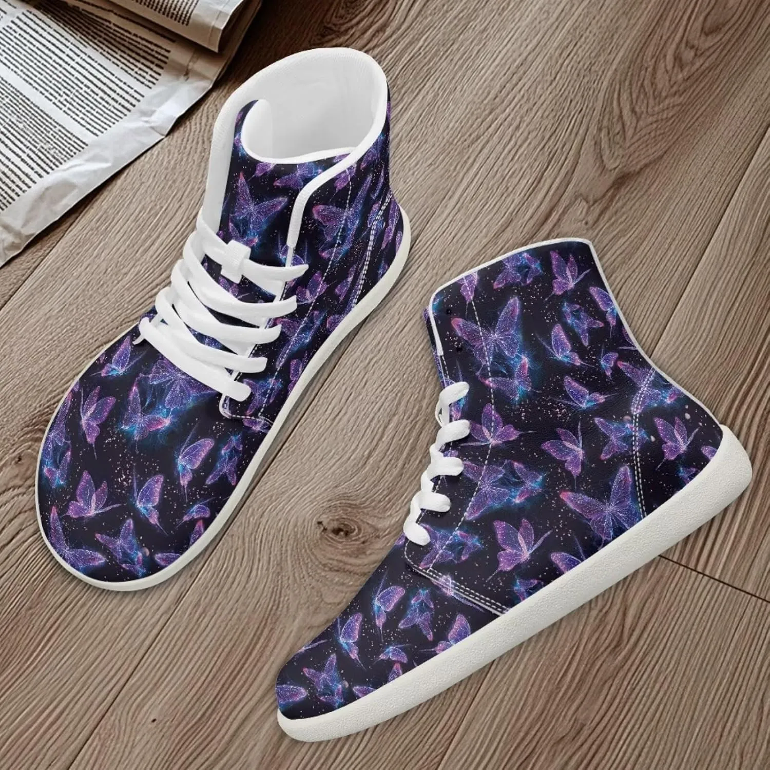Women Hightop Sneakers Butterfly Print Leather Minimalist Barefoot Shoes Womens Wide Toe Walking Shoes Zero Drop Sneaker