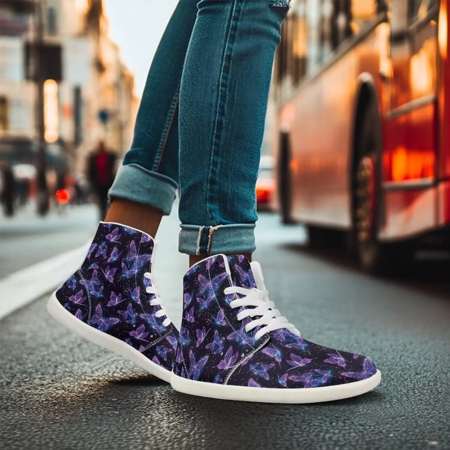 Women Hightop Sneakers Butterfly Print Leather Minimalist Barefoot Shoes Womens Wide Toe Walking Shoes Zero Drop Sneaker