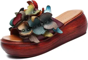 Women Summer Butterfly Platform Sandals Arch Support Genuine Leather Peep Toe Slip-on Boho Wedges Beach Slippers