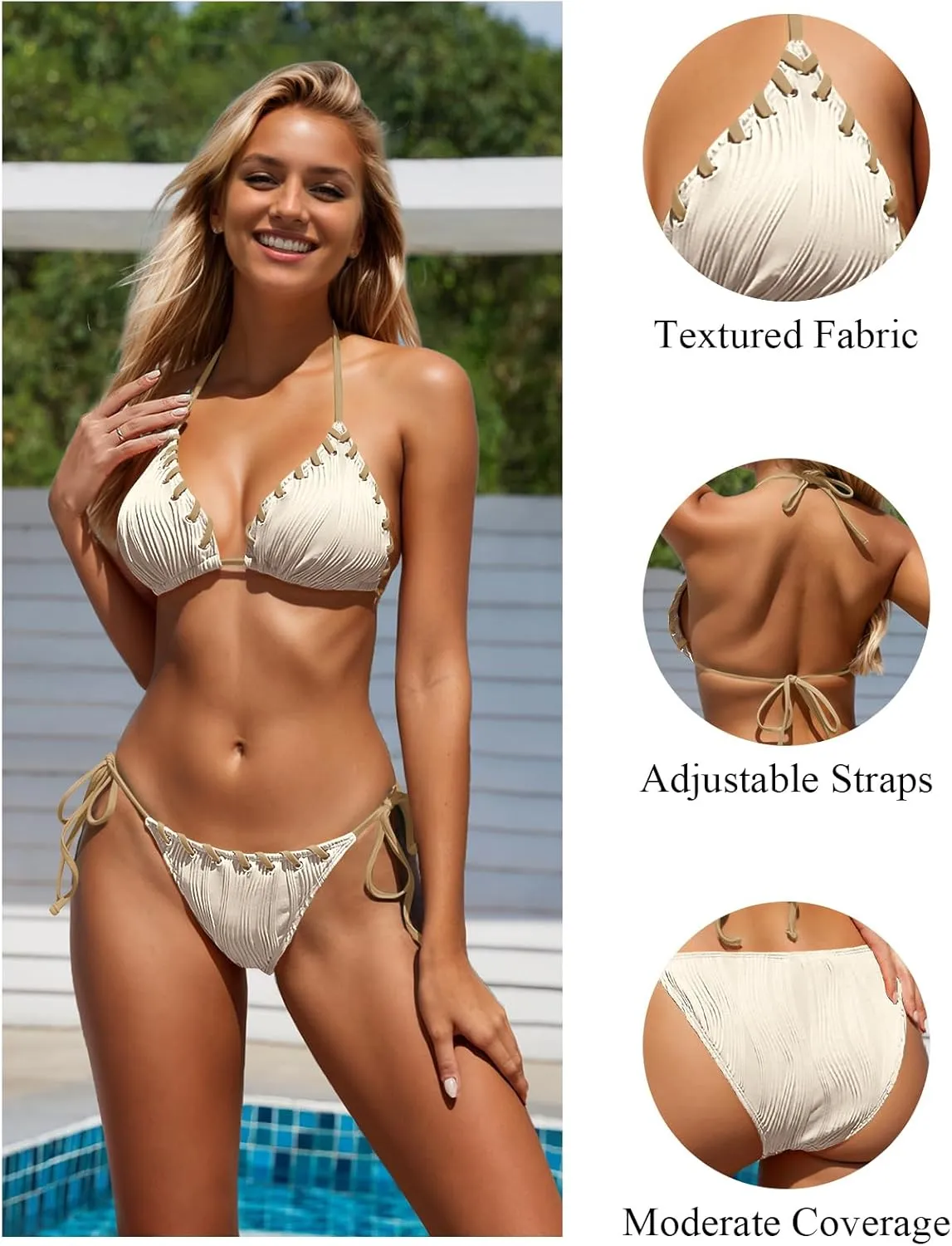 Women Two Piece Bikini Swimsuit Color Block Bathing Suits Halter Triangle String Bikini Sets