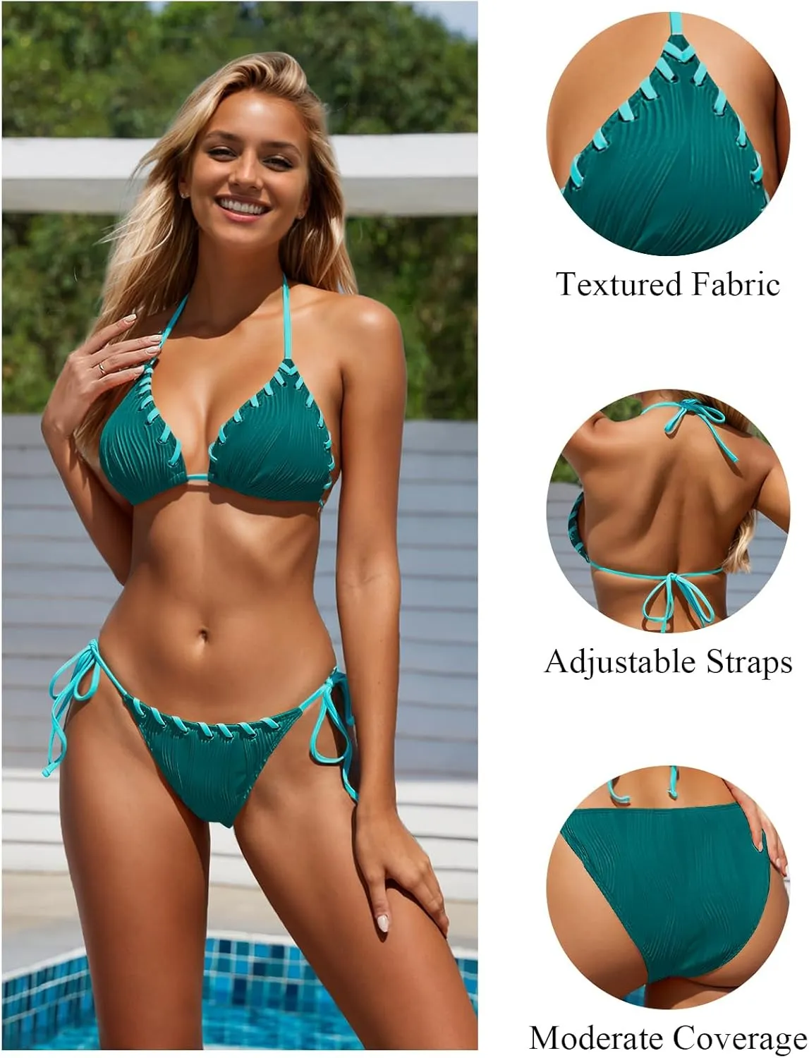 Women Two Piece Bikini Swimsuit Color Block Bathing Suits Halter Triangle String Bikini Sets