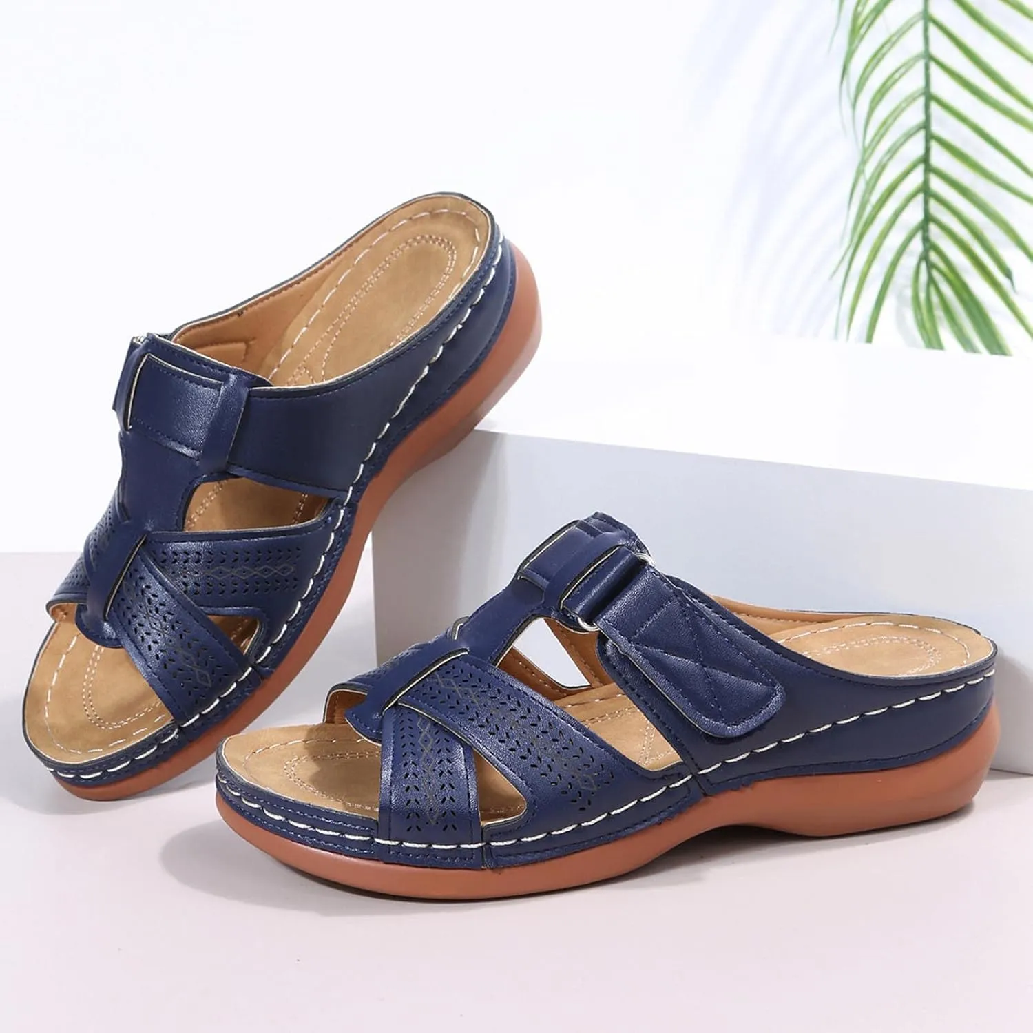 Women Wedge Arch Support Slides Summer Comfort Slip on Sandals Casual Non-Slip Slide Sandal Flat Slippers