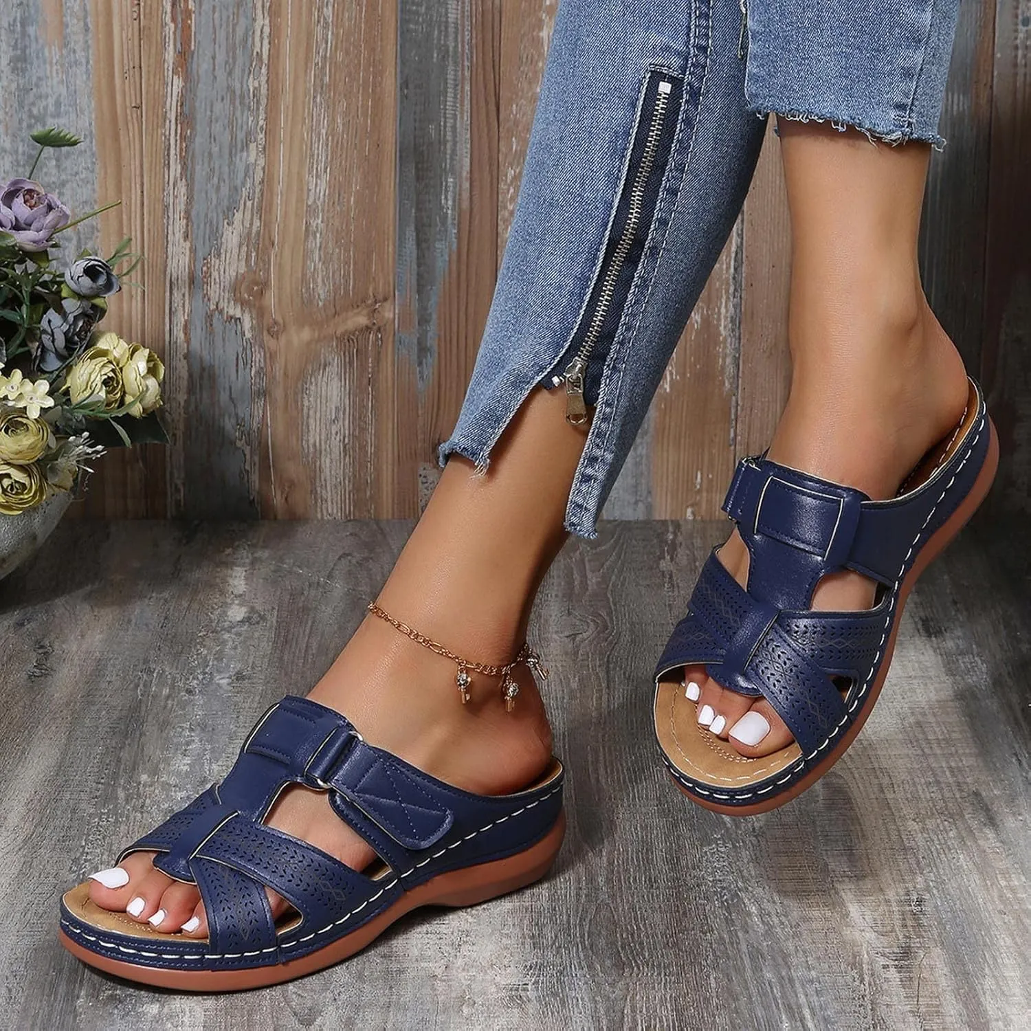 Women Wedge Arch Support Slides Summer Comfort Slip on Sandals Casual Non-Slip Slide Sandal Flat Slippers