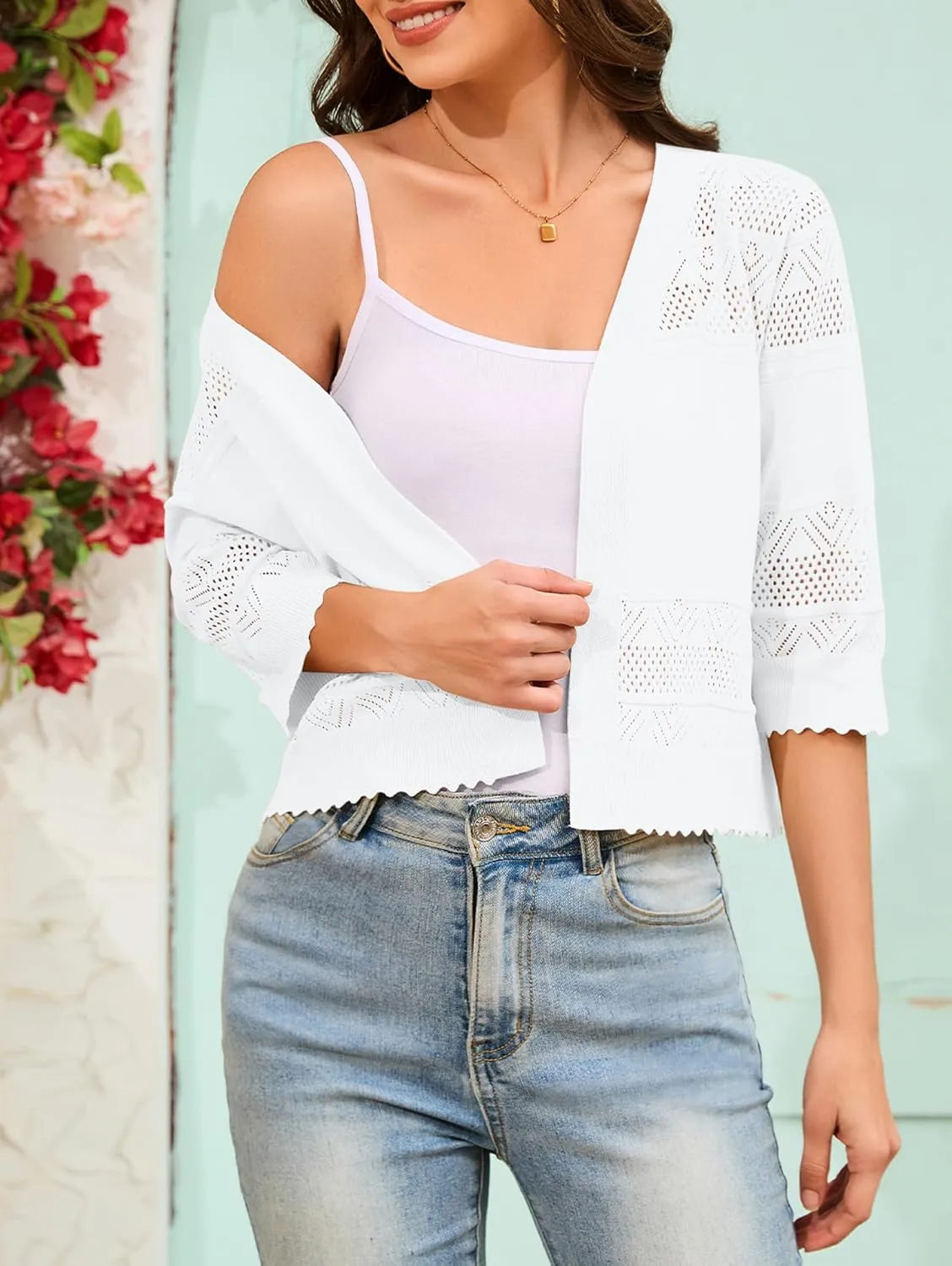 Women's 2025 Cropped Cardigan 3/4 Sleeve Lightweight Crochet Shrug Hollowed-Out Knit Sweater Tops S-XXL
