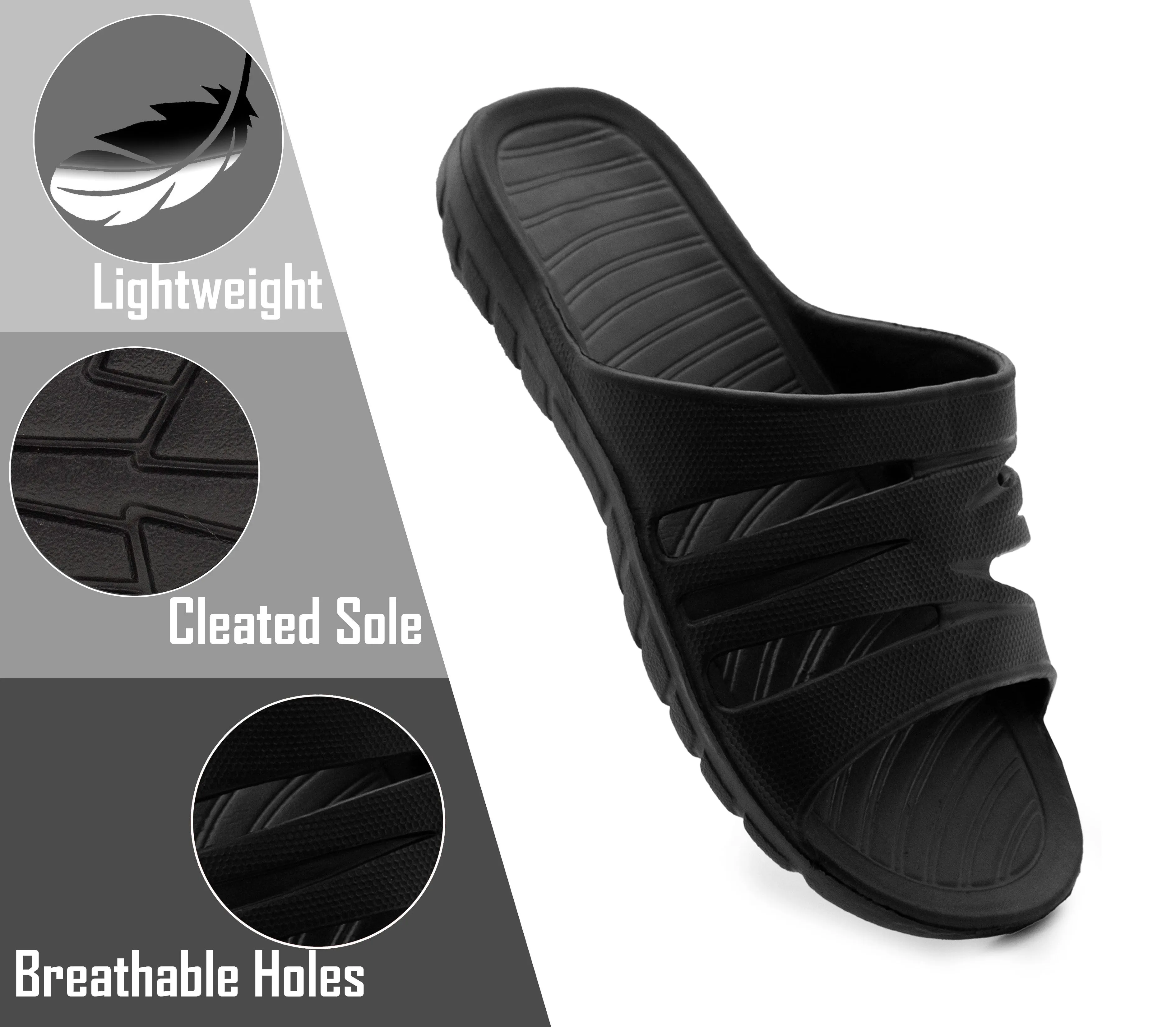 Womens All Black Sliders EVA Lightweight Ladies Summer Beach Shower Bathroom Fashion Spa Slipper Mules Flip Flop Sandals