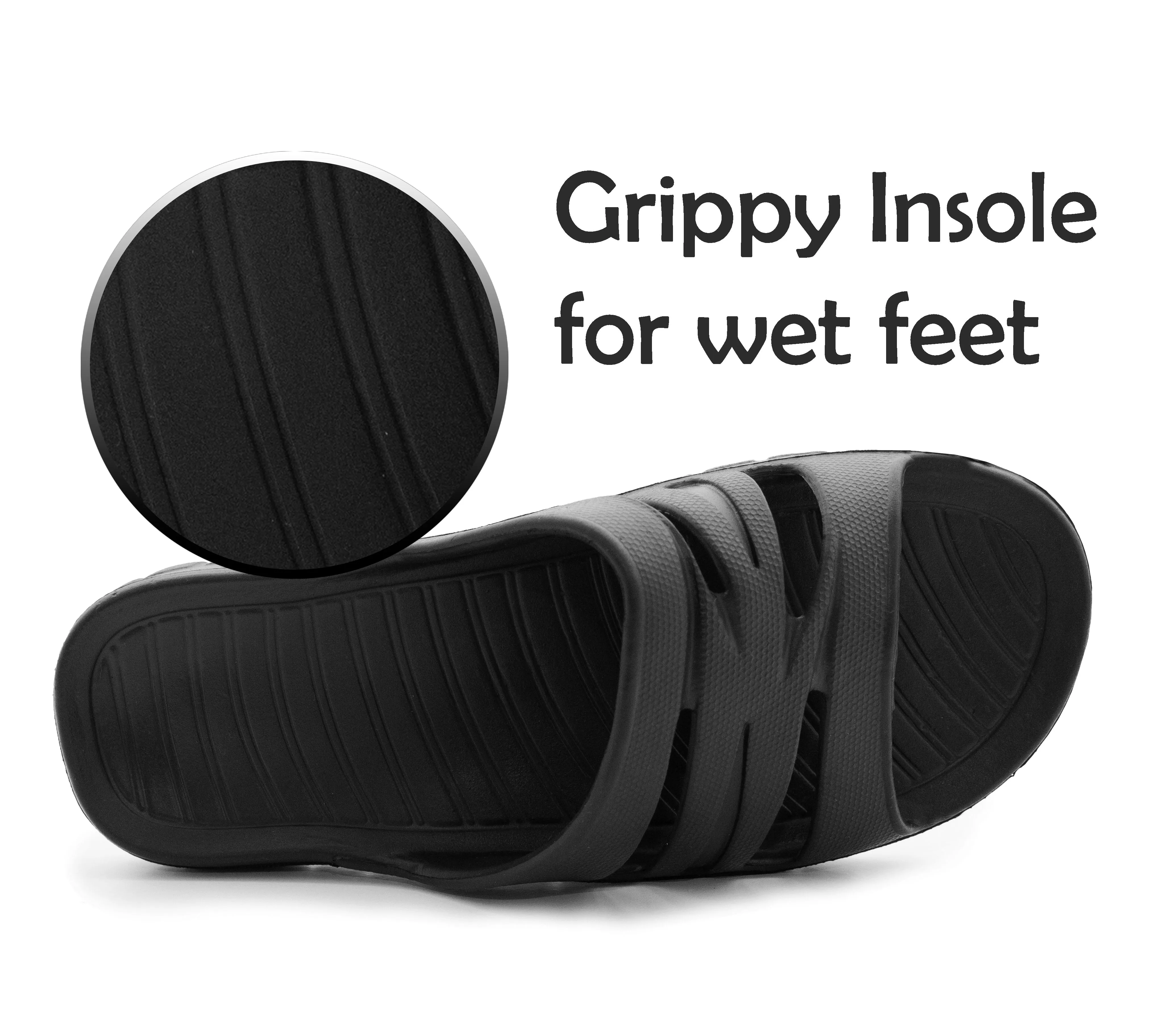 Womens All Black Sliders EVA Lightweight Ladies Summer Beach Shower Bathroom Fashion Spa Slipper Mules Flip Flop Sandals