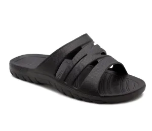 Womens All Black Sliders EVA Lightweight Ladies Summer Beach Shower Bathroom Fashion Spa Slipper Mules Flip Flop Sandals