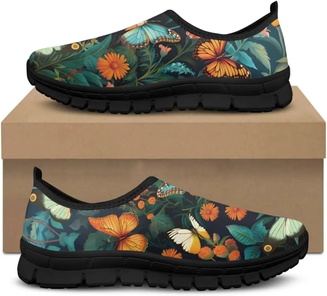 Womens Athletic Shoes Flowers Print Sports Shoes Slip-on Air Mesh Lightweight Sneakers Running Flats