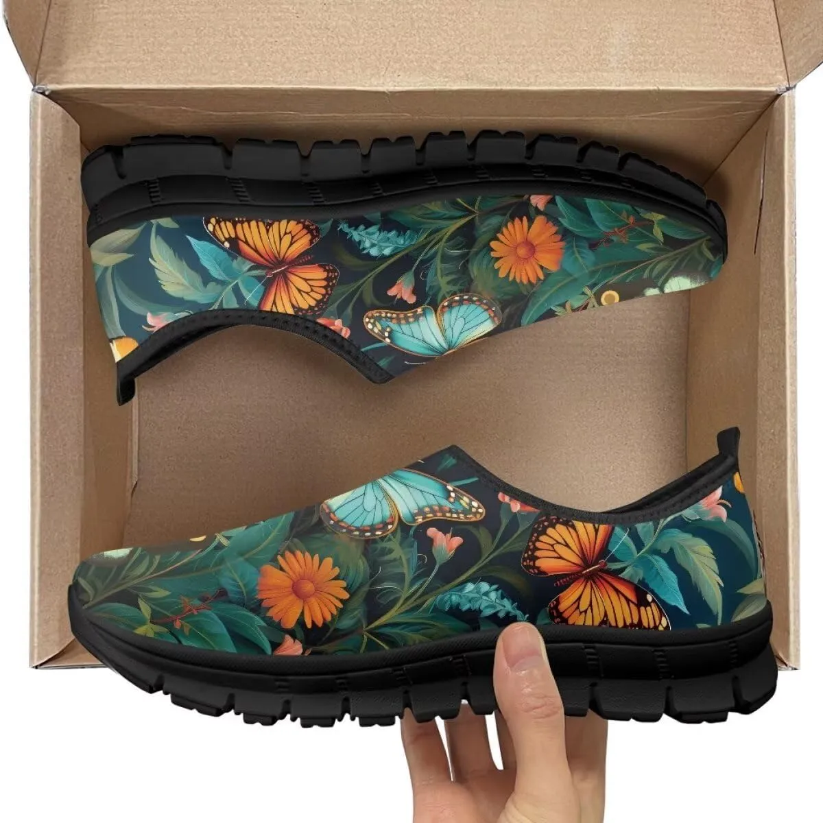 Womens Athletic Shoes Flowers Print Sports Shoes Slip-on Air Mesh Lightweight Sneakers Running Flats