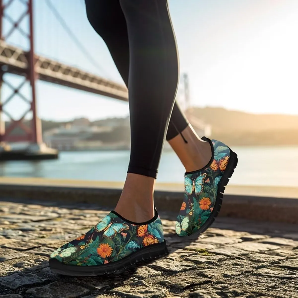 Womens Athletic Shoes Flowers Print Sports Shoes Slip-on Air Mesh Lightweight Sneakers Running Flats